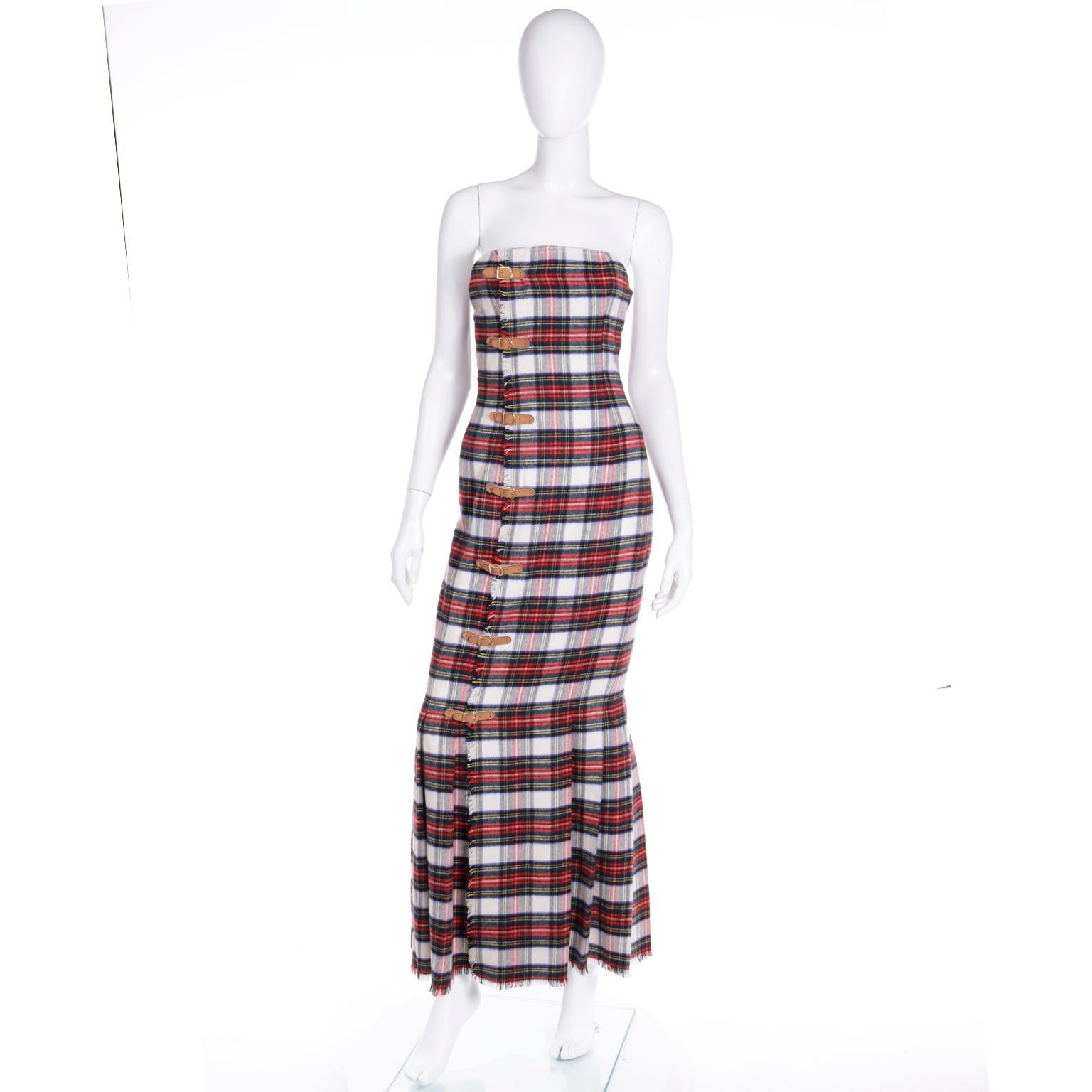 Women's 1989 Isaac Mizrahi Vintage Tartan Plaid Strapless Cashmere Kilt Runway Dress