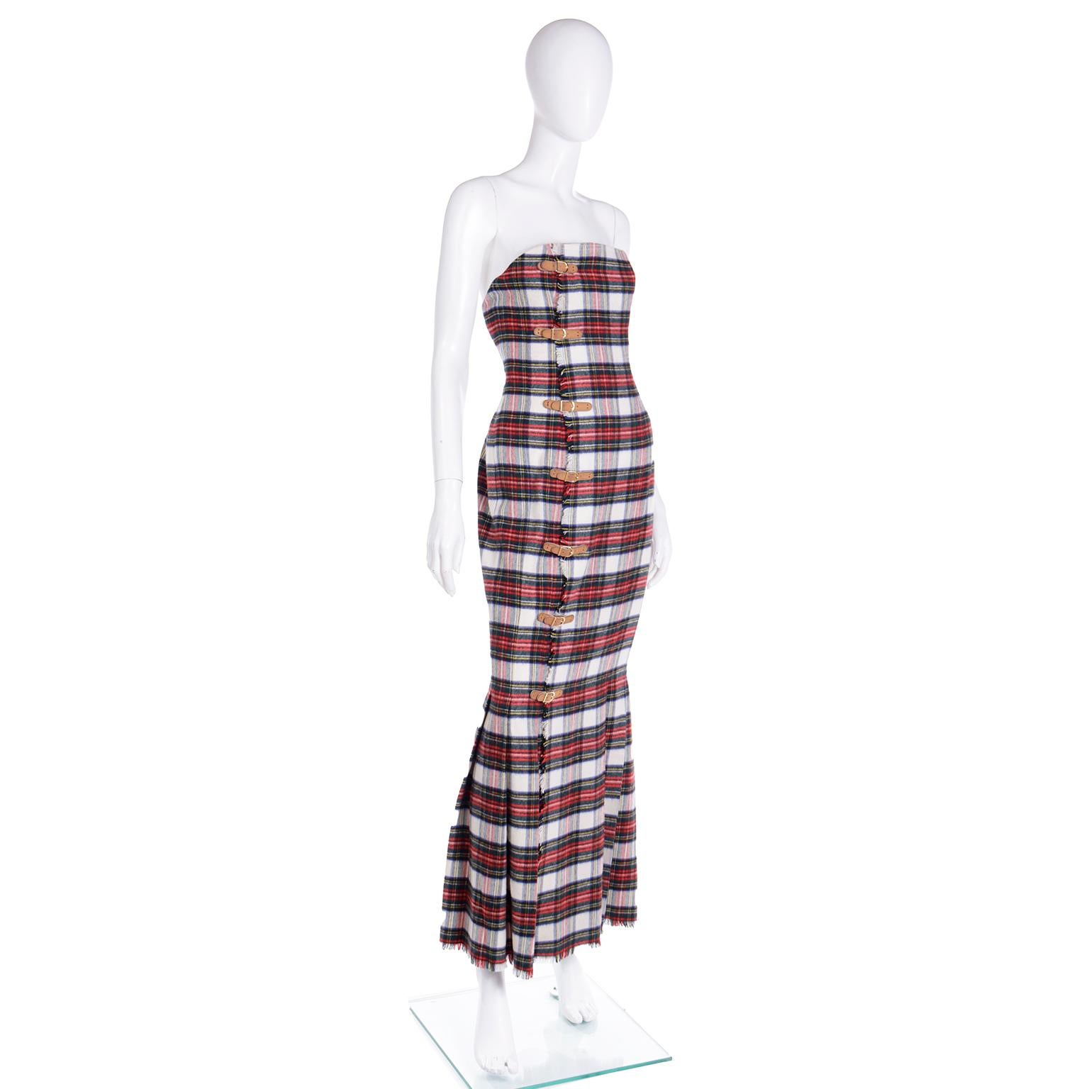 1989 Isaac Mizrahi Vintage Tartan Plaid Strapless Cashmere Kilt Runway Dress 1