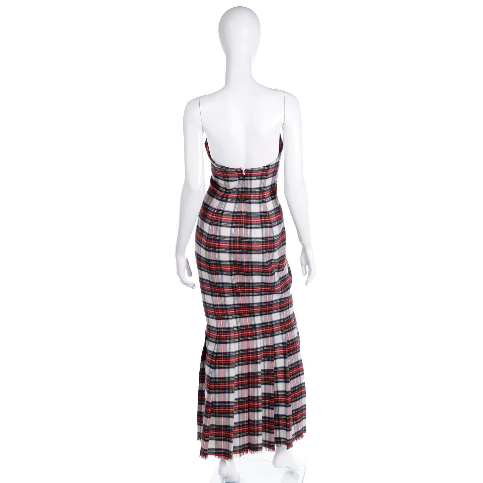 1989 Isaac Mizrahi Vintage Tartan Plaid Strapless Cashmere Kilt Runway Dress 2