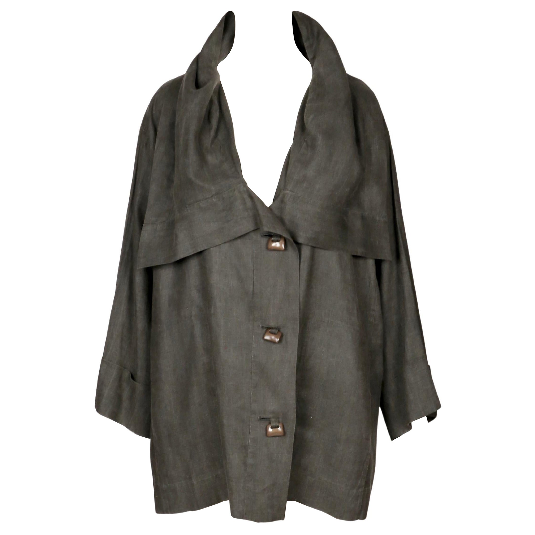 1989 ISSEY MIYAKE draped linen RUNWAY coat with unique button closure