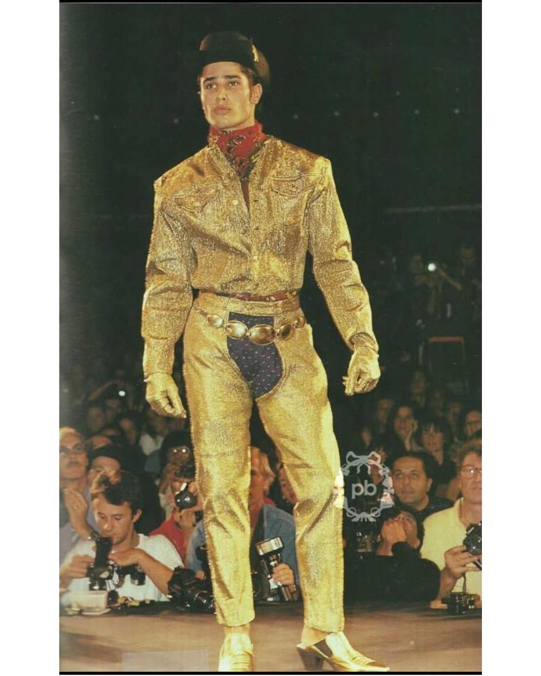 1989 Junior Gaultier Gold Lamé Lace-Up Trouser im Angebot 5
