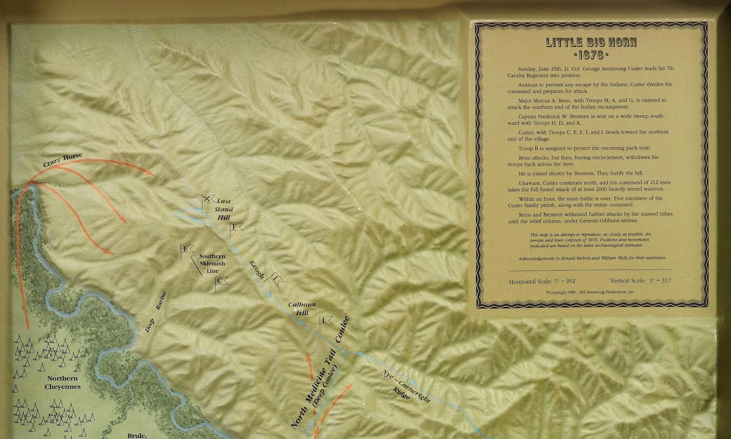 This is a striking raised relief model map. The model map shows positions and movements of the Battle of Little Bighorn, June 25th, 1876. There is descriptive text at upper right, which includes the statement.