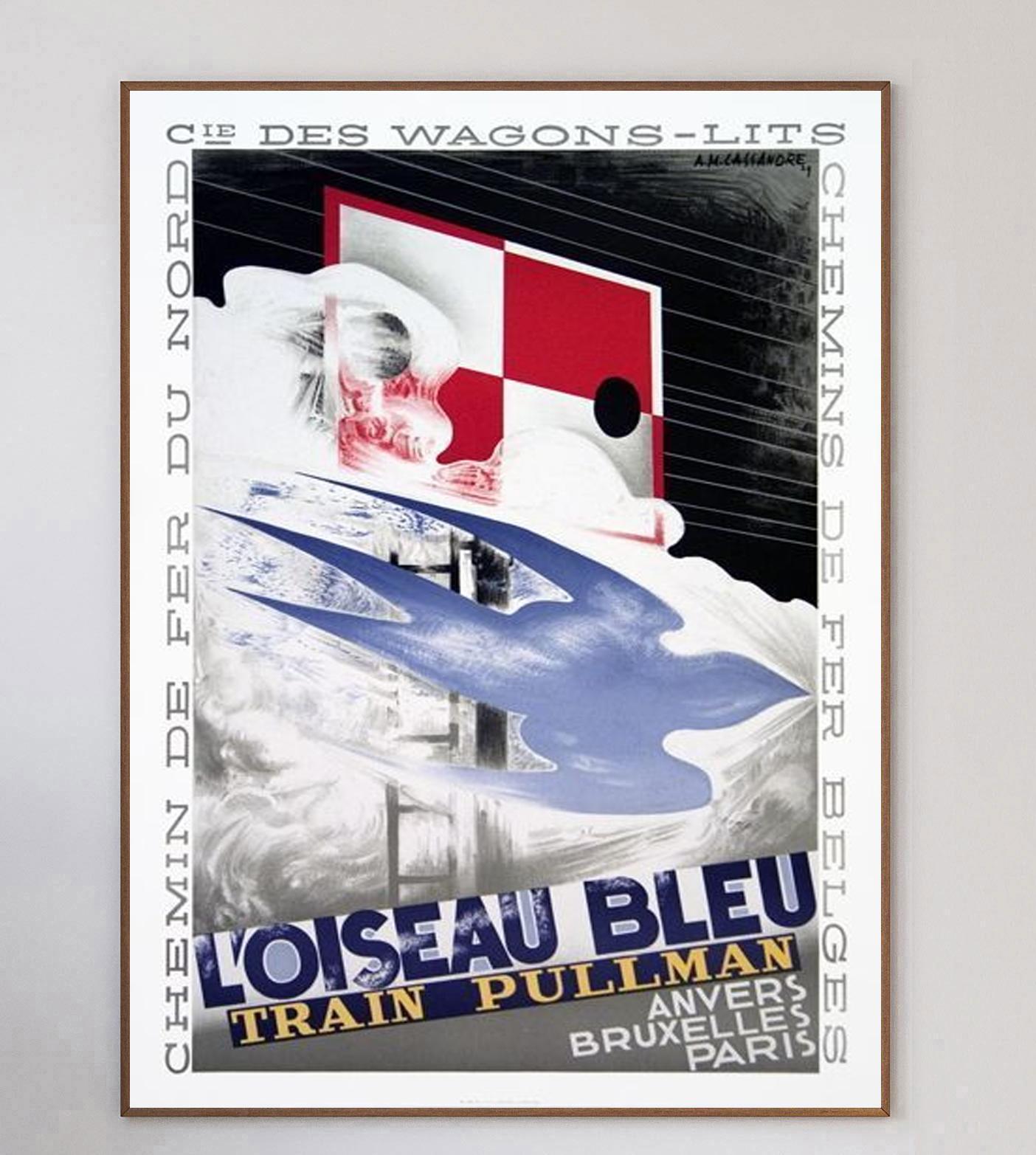 Incredible art deco advertisement poster for L'ouisea Bleu Train Pullman, a steam train that travelled from Antwerp to Brussells to Paris. With artwork from the iconic poster designer A.M. Cassandre, the piece was originally created for promotion of