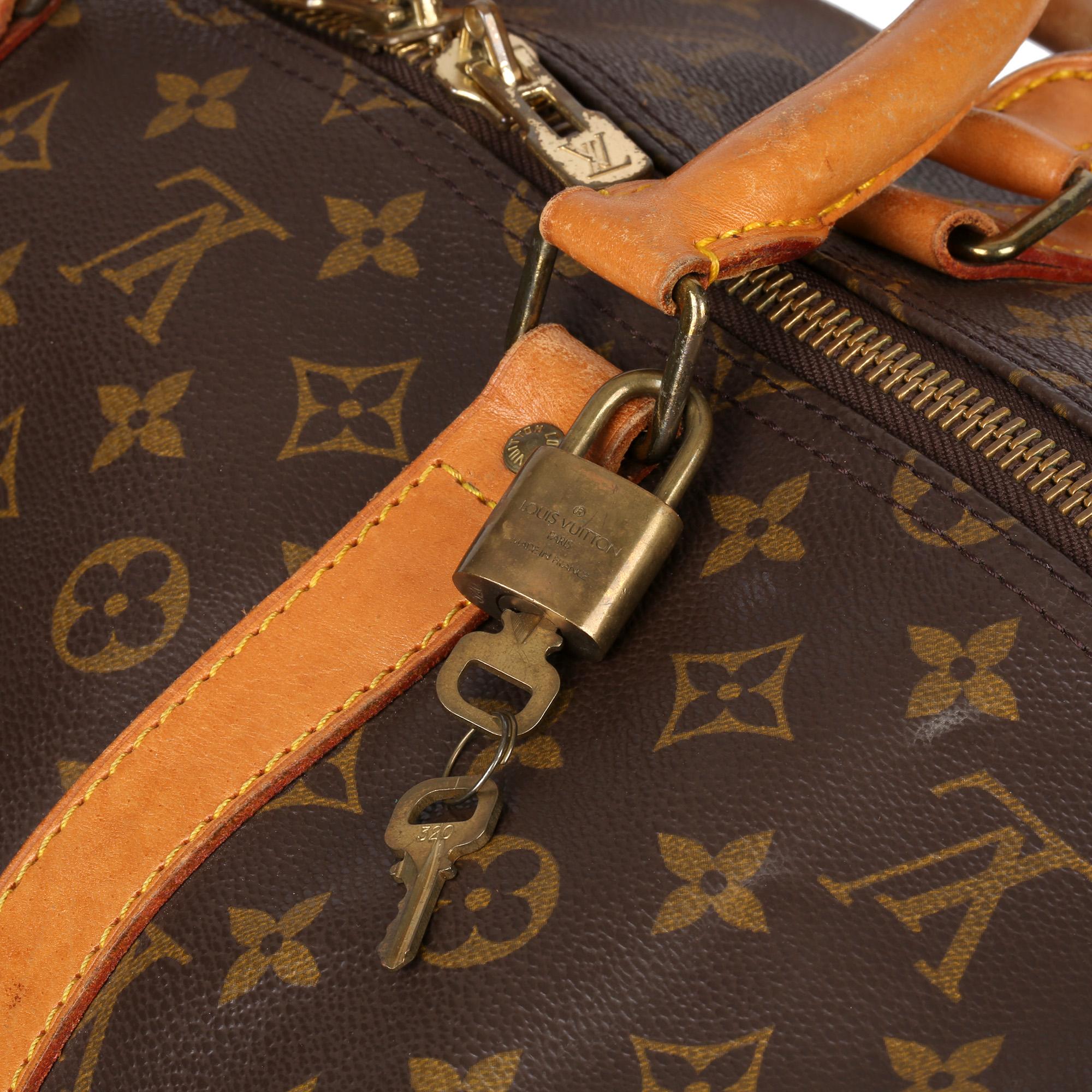 Women's 1989 Louis Vuitton Brown Monogram Coated Canvas & Vachetta Vintage Keepall 55