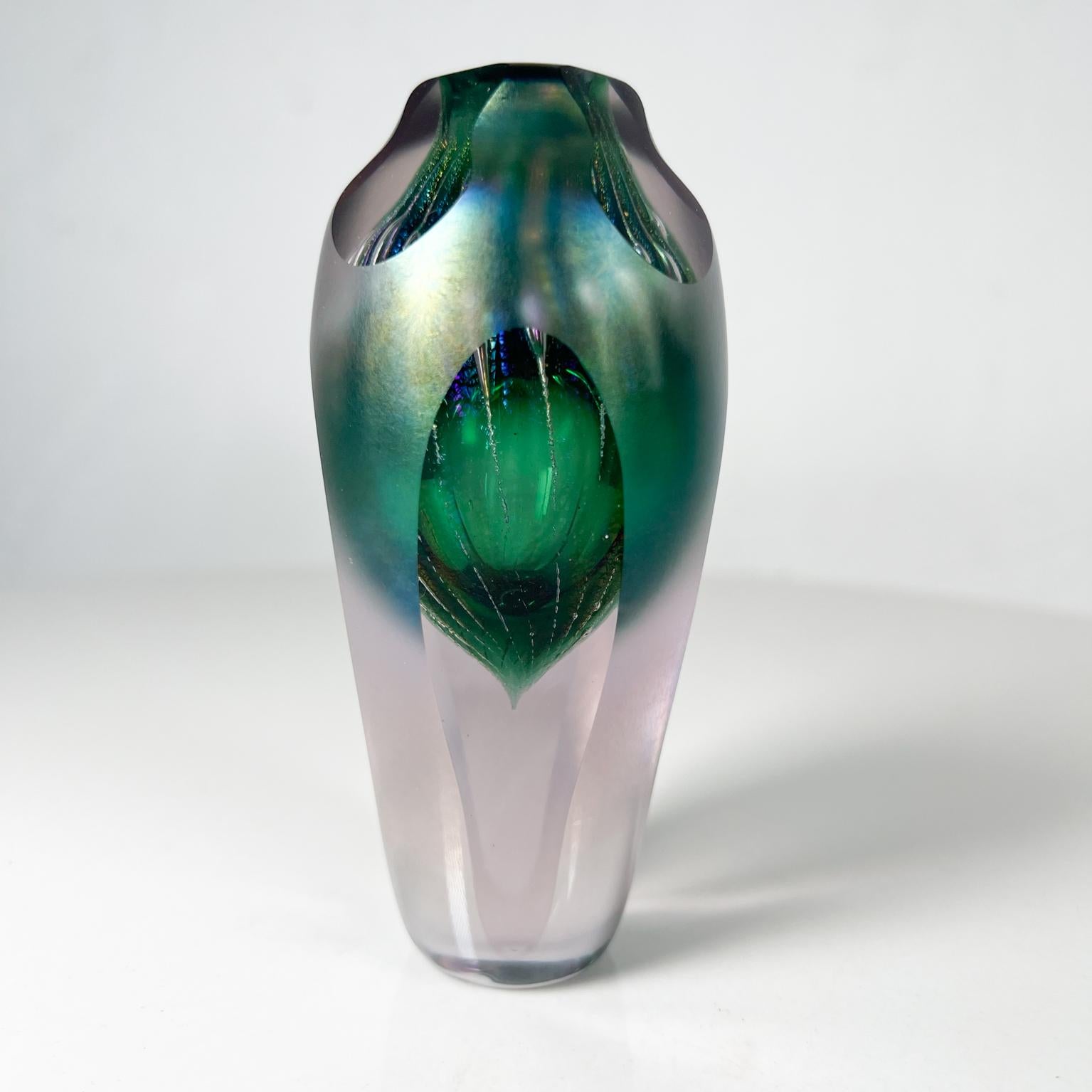 American 1989 Studio Handblown Art Glass Green Vase Brian Maytum For Sale