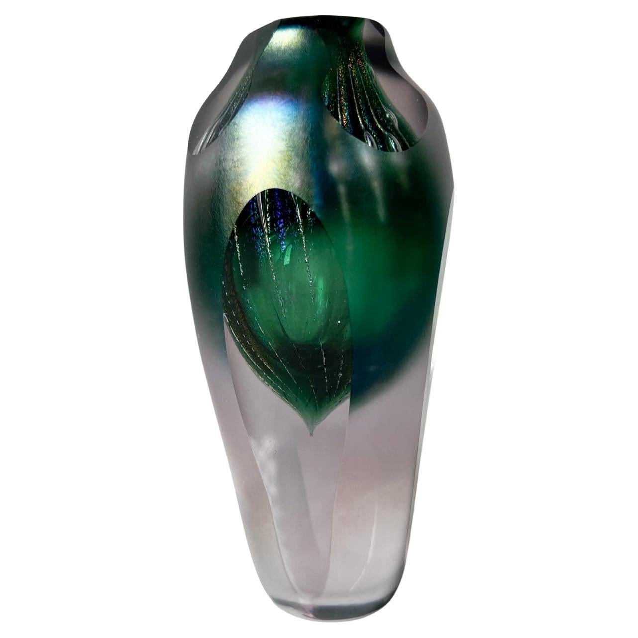 1989 Studio Handblown Art Glass Green Vase Brian Maytum For Sale
