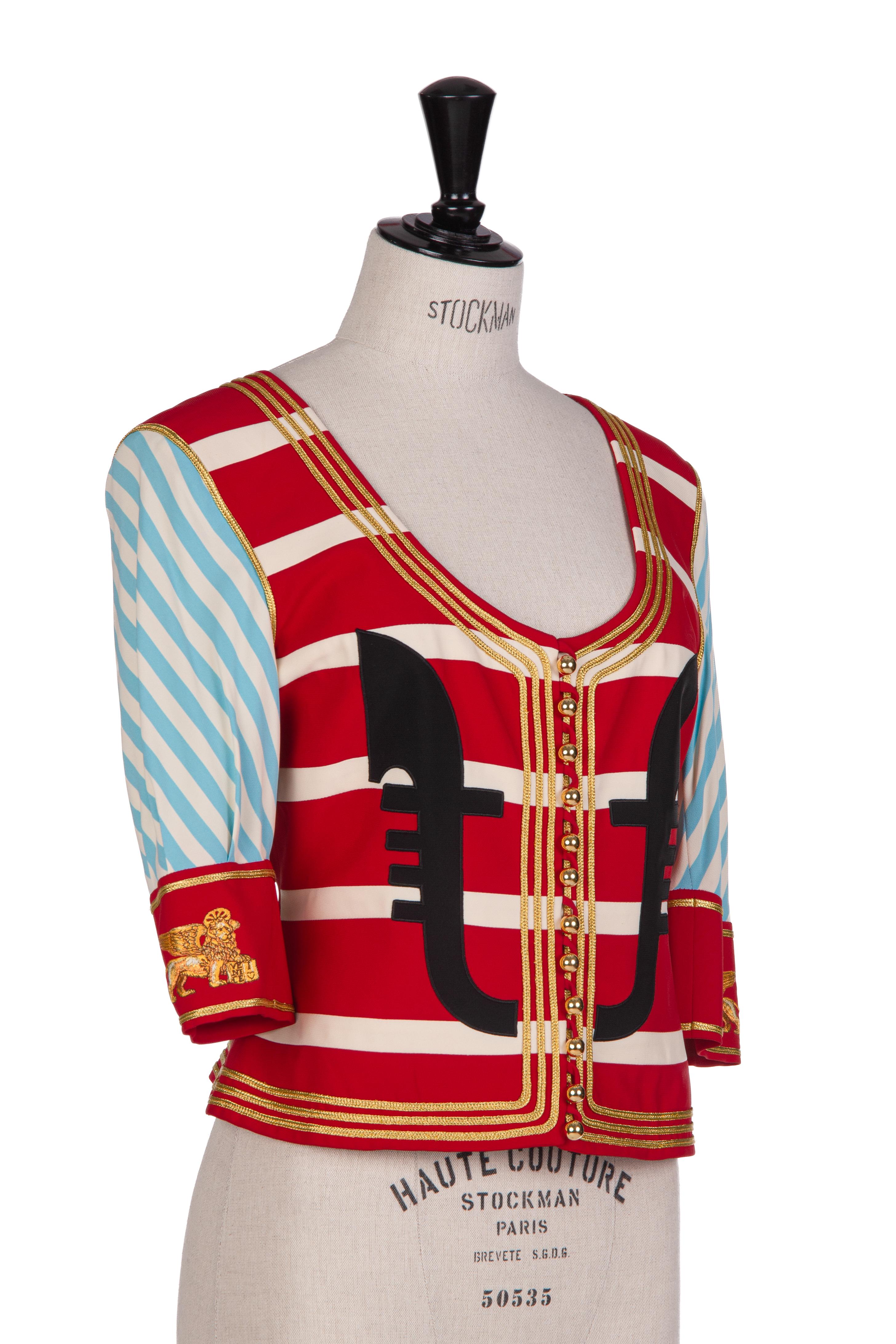 Women's 1989 MOSCHINO COUTURE Red Blue Venice Gondolier Jacket Cruise Me Baby Collection For Sale