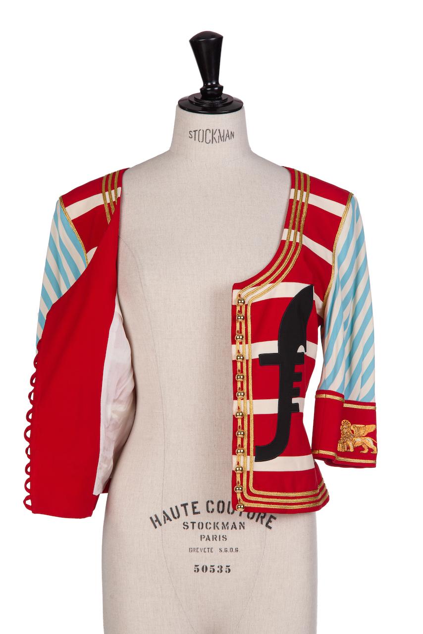 1989 MOSCHINO COUTURE Red Blue Venice Gondolier Jacket Cruise Me Baby Collection For Sale 3