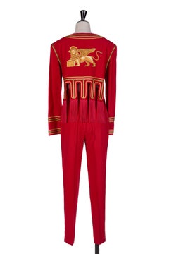 1989 MOSCHINO COUTURE Red I Love Venice Lion Appliquéd Jacket & Pant Suit