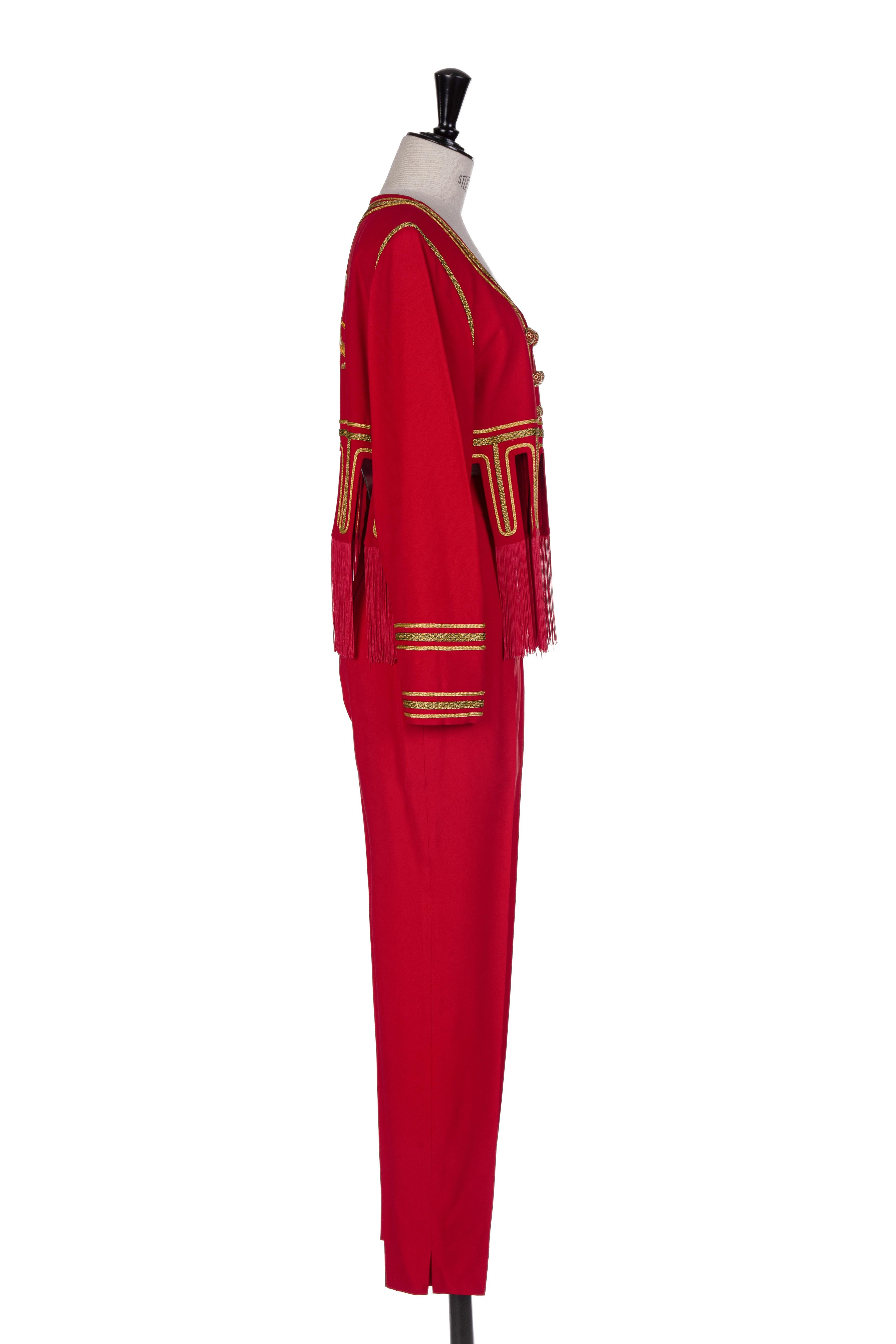 Women's 1989 MOSCHINO COUTURE Red I Love Venice Lion Appliquéd Jacket & Pant Suit For Sale