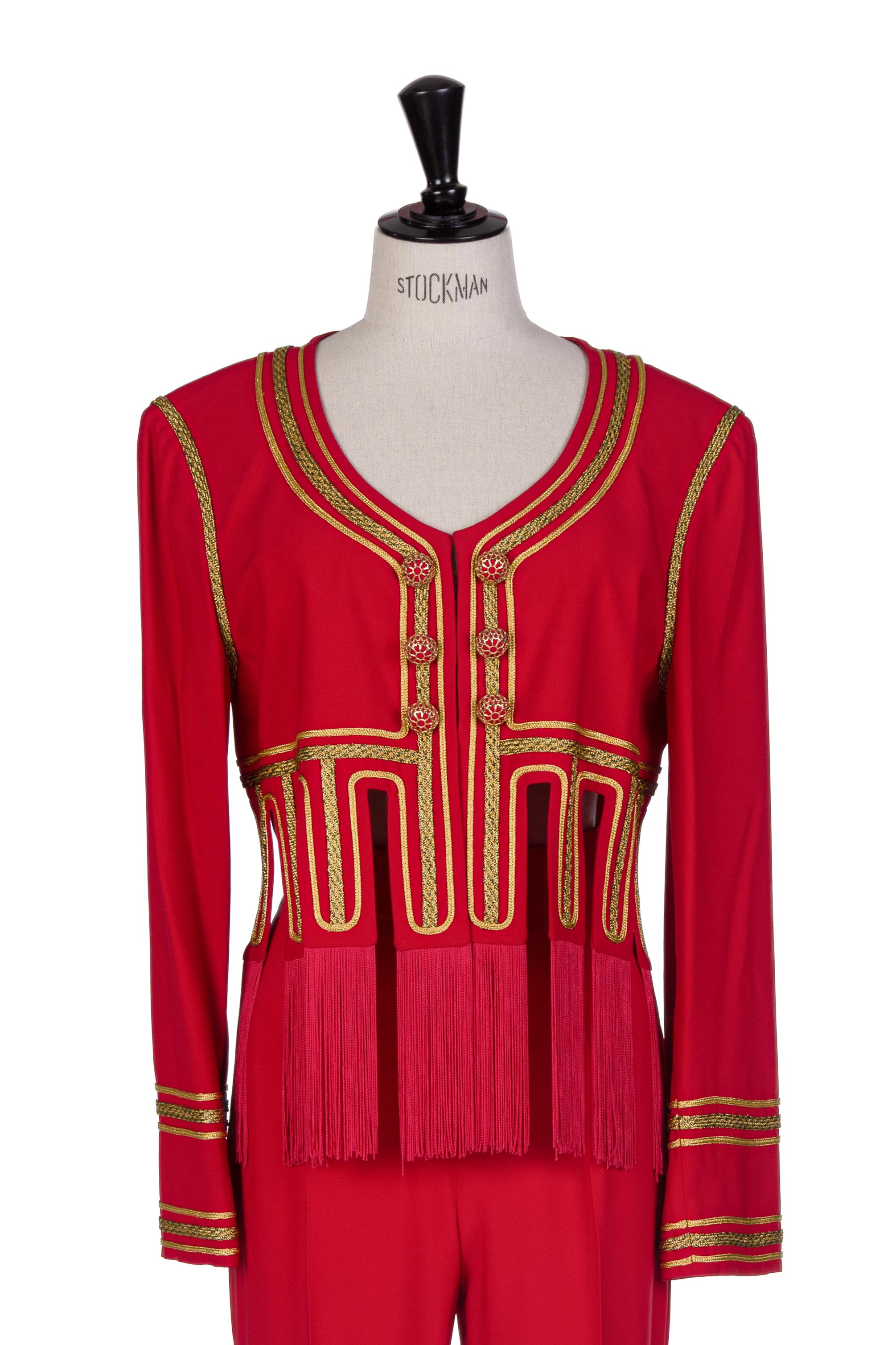 1989 MOSCHINO COUTURE Red I Love Venice Lion Appliquéd Jacket & Pant Suit For Sale 1