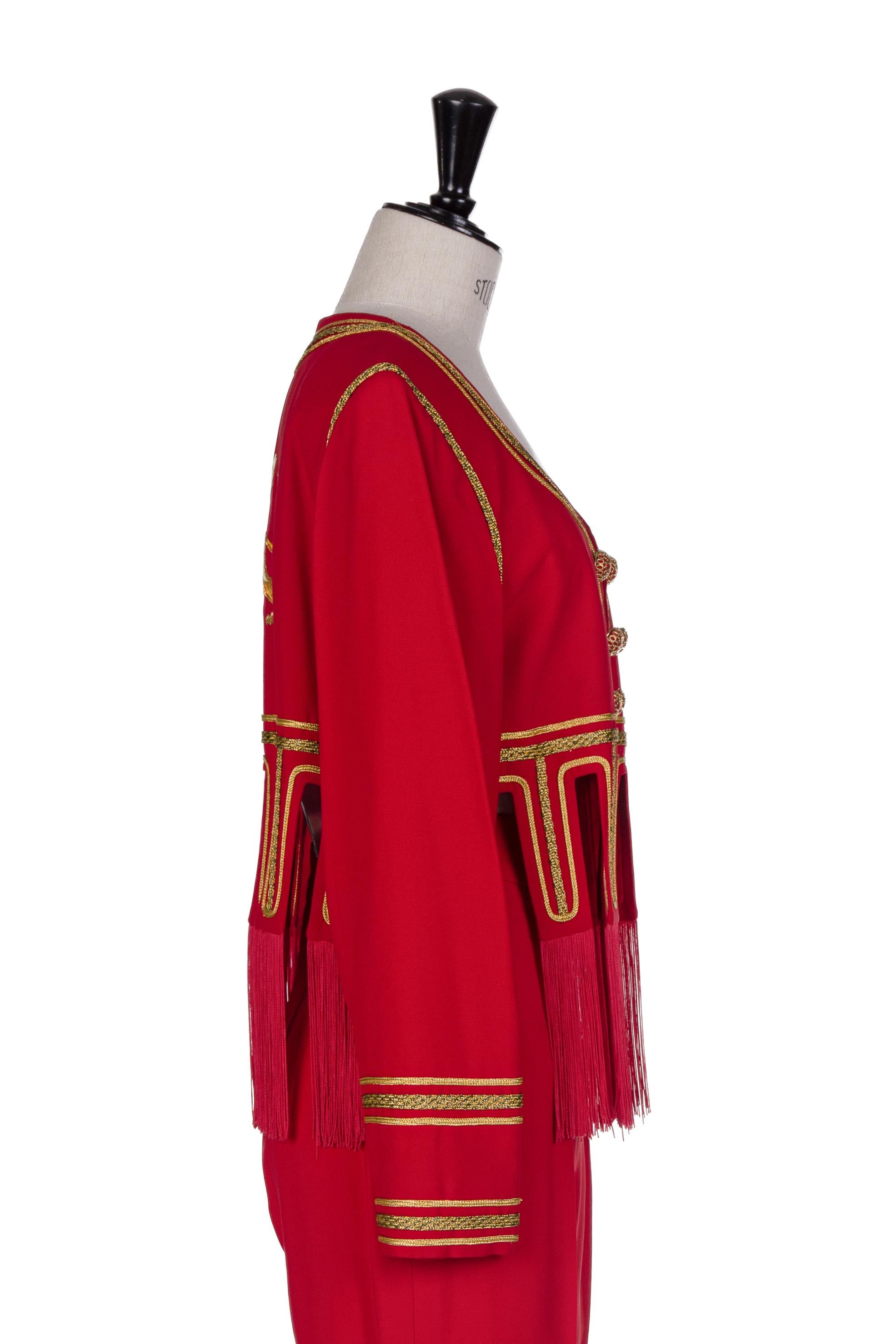 1989 MOSCHINO COUTURE Red I Love Venice Lion Appliquéd Jacket & Pant Suit For Sale 2