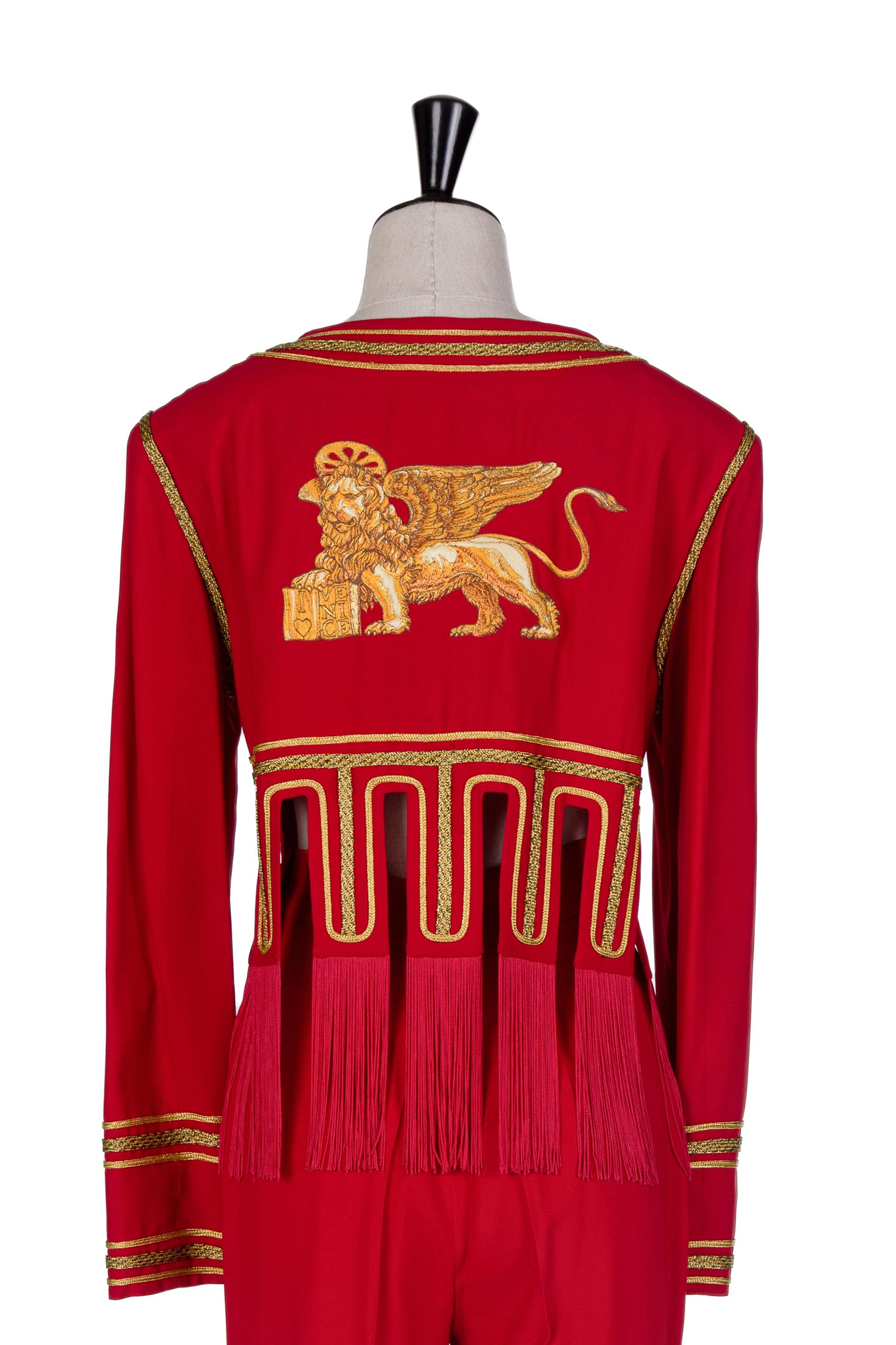 1989 MOSCHINO COUTURE Red I Love Venice Lion Appliquéd Jacket & Pant Suit For Sale 3