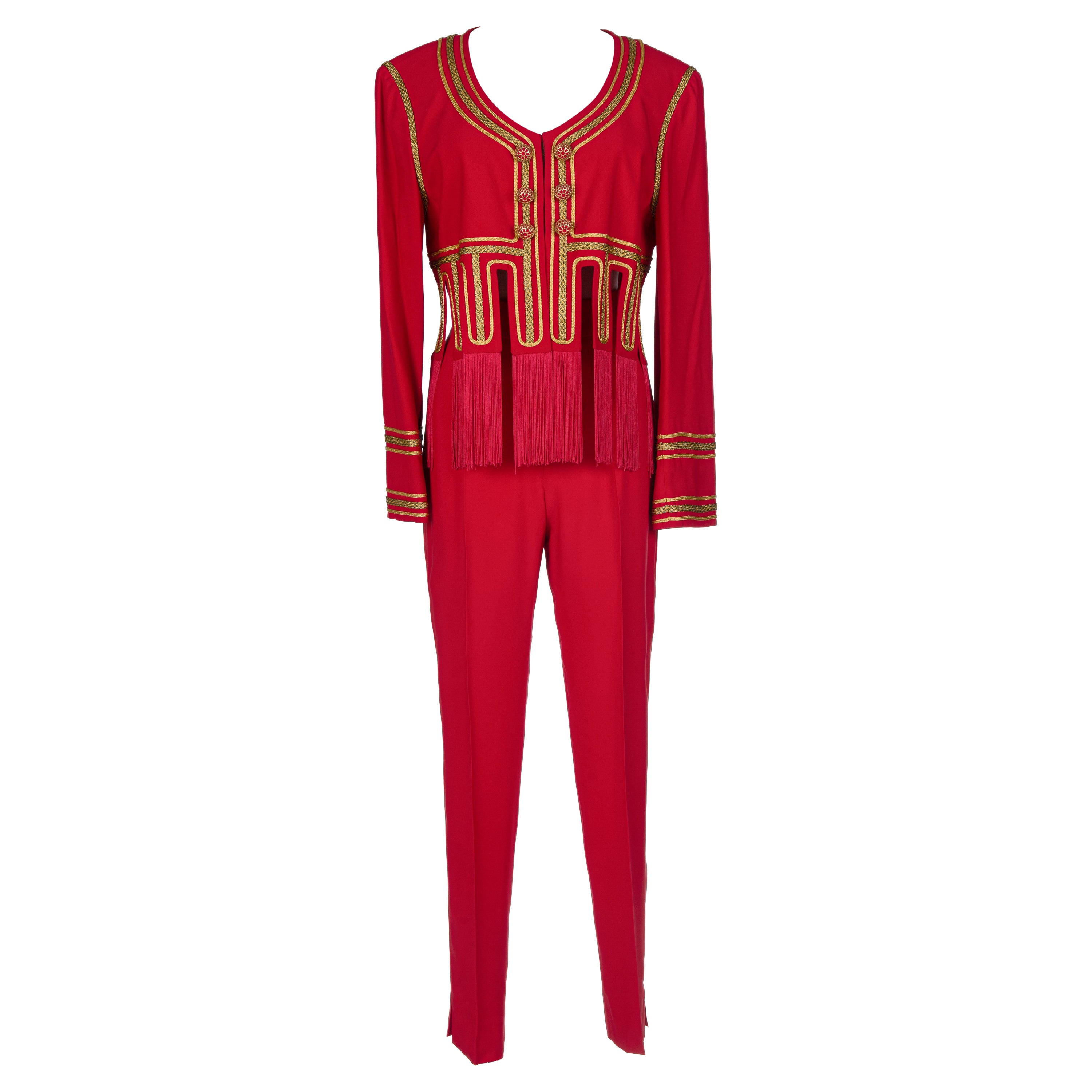 1989 MOSCHINO COUTURE Traje de chaqueta y pantalón con apliques de león rojo I Love Venecia
