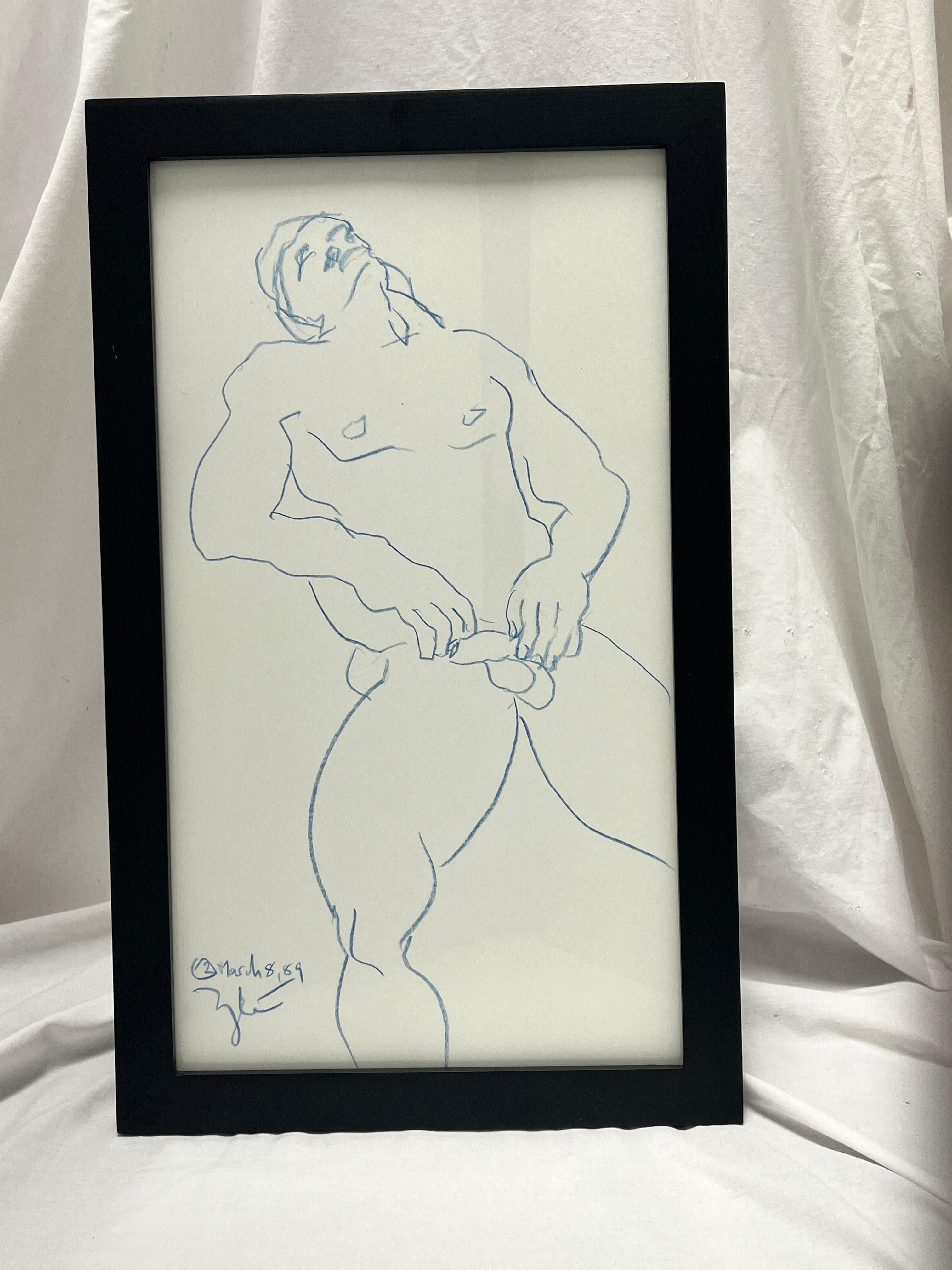 20th Century 1989 Nude Male Artist Studio Sketch from New York City Estate Contemporary Frame For Sale