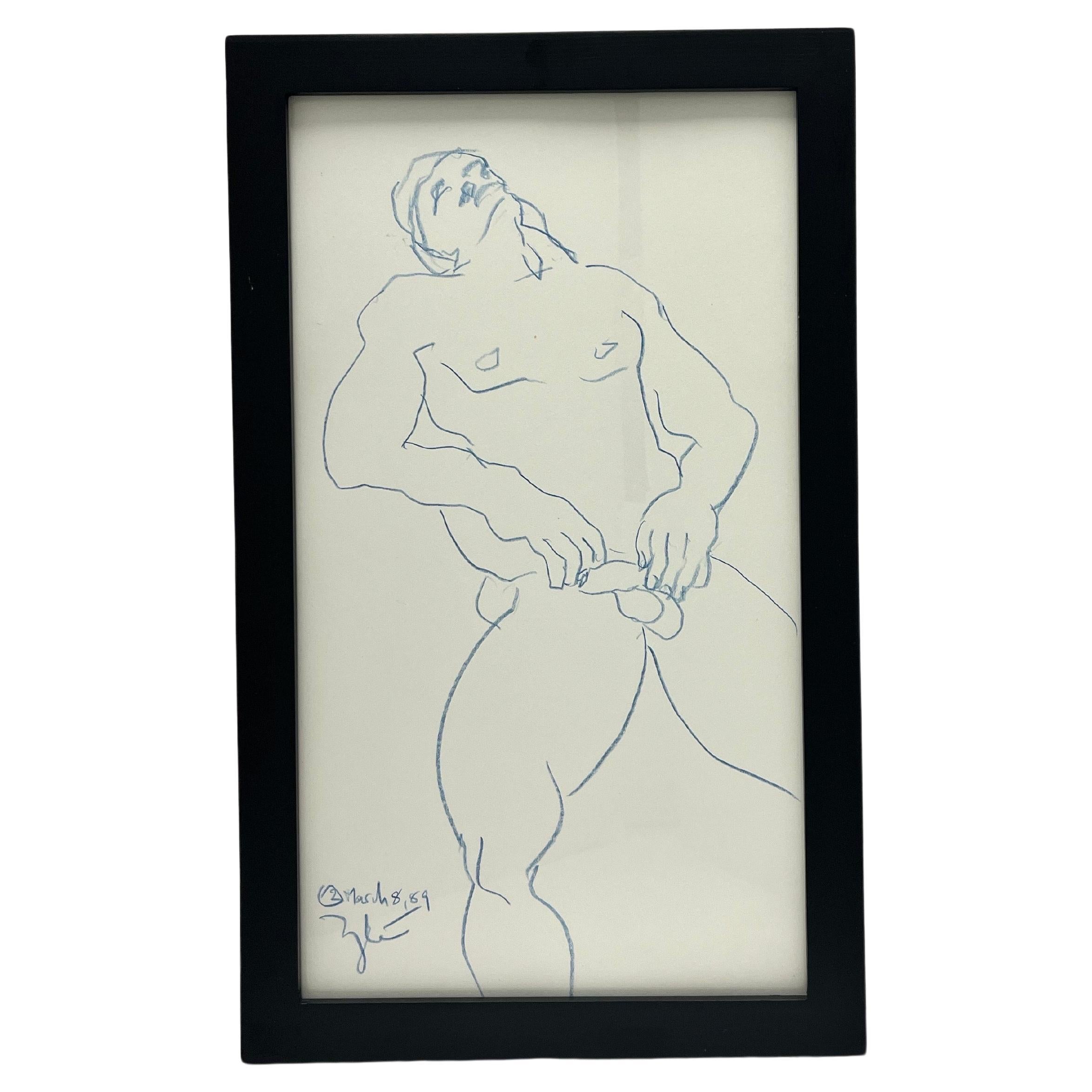 1989 Nude Male Artist Studio Sketch from New York City Estate Contemporary Frame For Sale