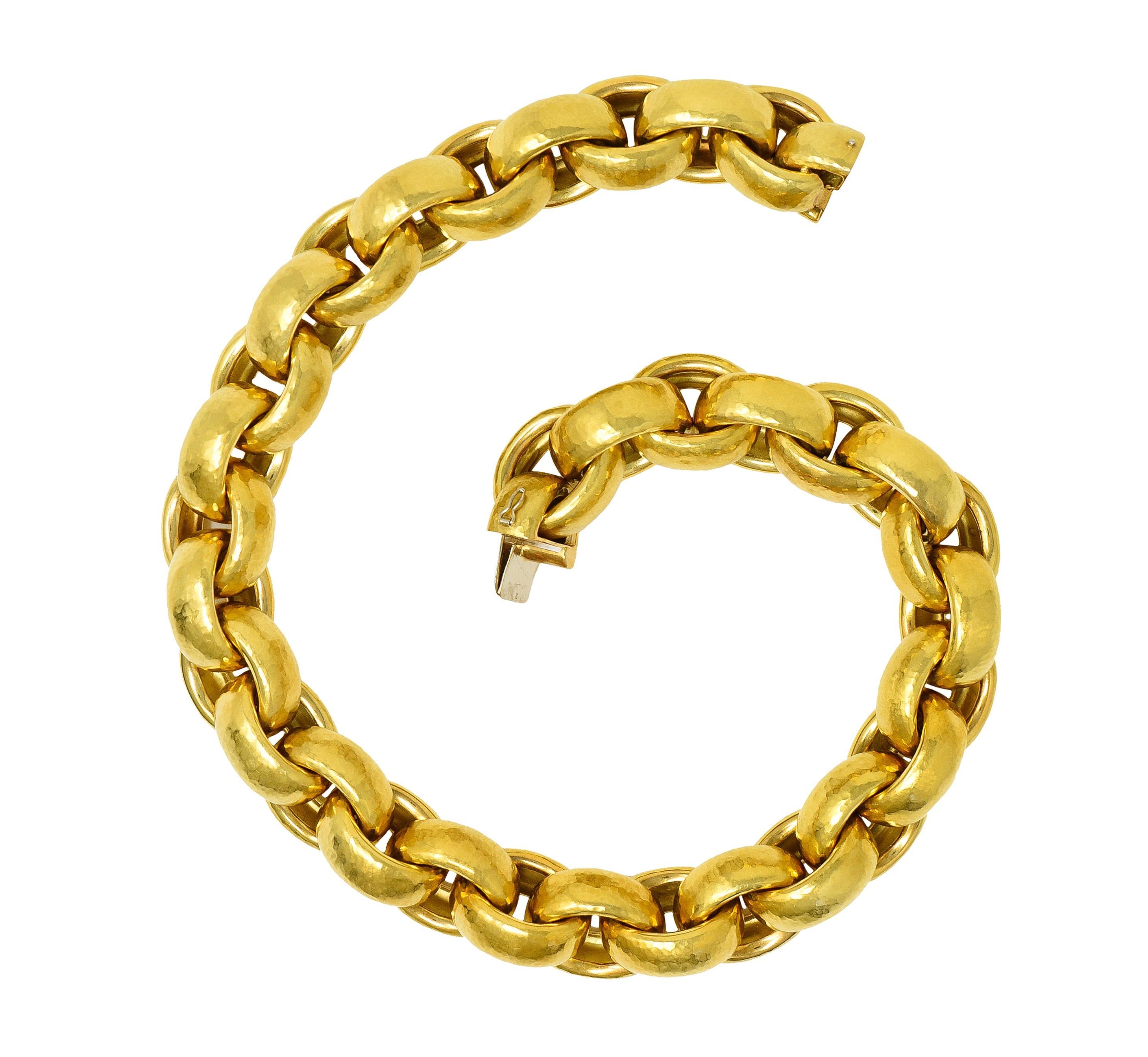 Designed as a puffed curb link chain 
With hammered texture throughout
Completed by a concealed clasp with figure eight safety
With Italian assay marks for 18 karat gold
Fully signed Paloma Picasso and Tiffany & Co.
Circa: 1989; via dated