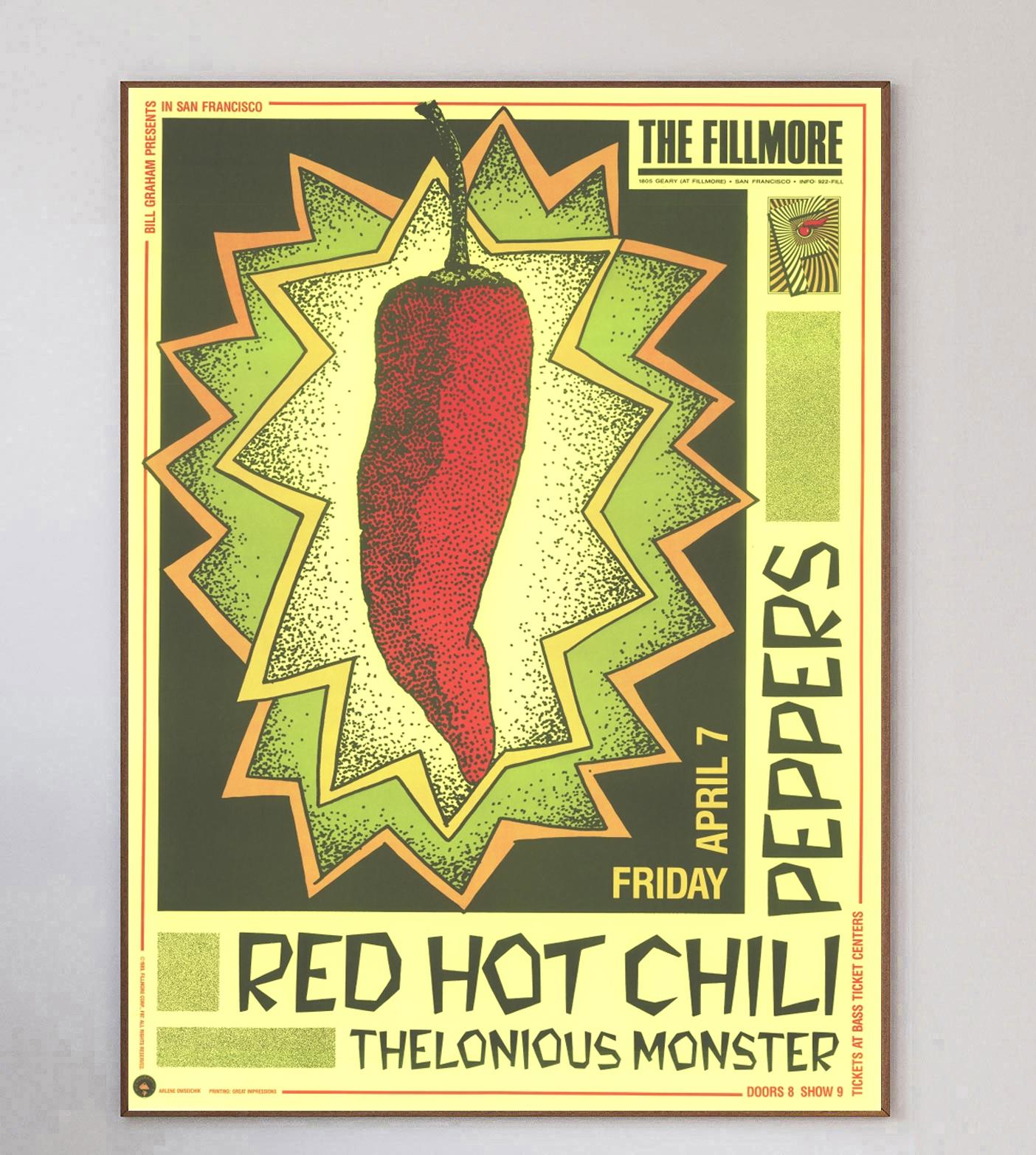 Designed by concert poster artist Arlene Owseichik, this beautiful poster was created in 1989 to promote a live concert of The Red Hot Chili Peppers at the world famous Fillmore in San Francisco. Events such as this were well known for their now