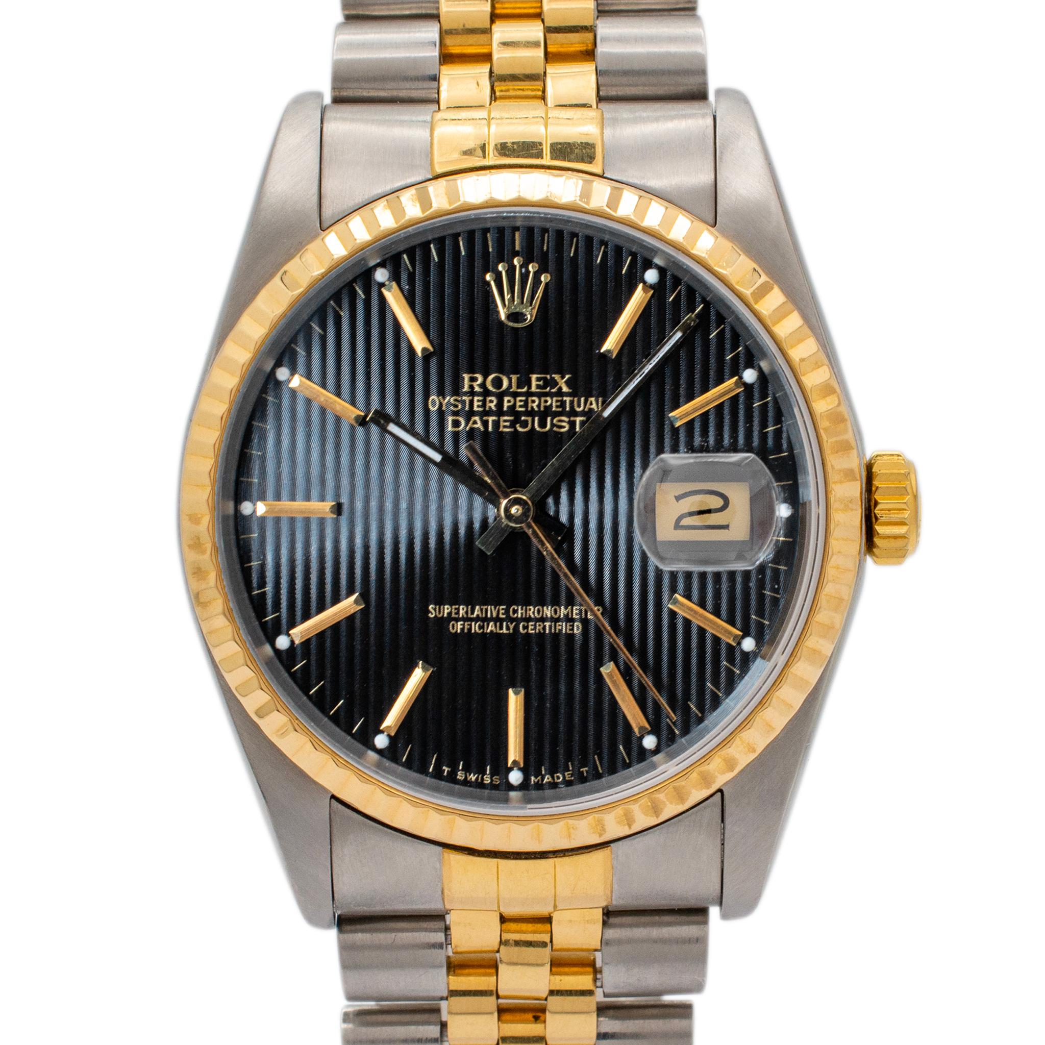 Brand: Rolex

Gender: Unisex

Metal Type: Stainless Steel & 18K Yellow Gold

Diameter: 36.00 mm

Weight: 101.08 grams

Stainless steel, ROLEX Swiss-made watch. The 
