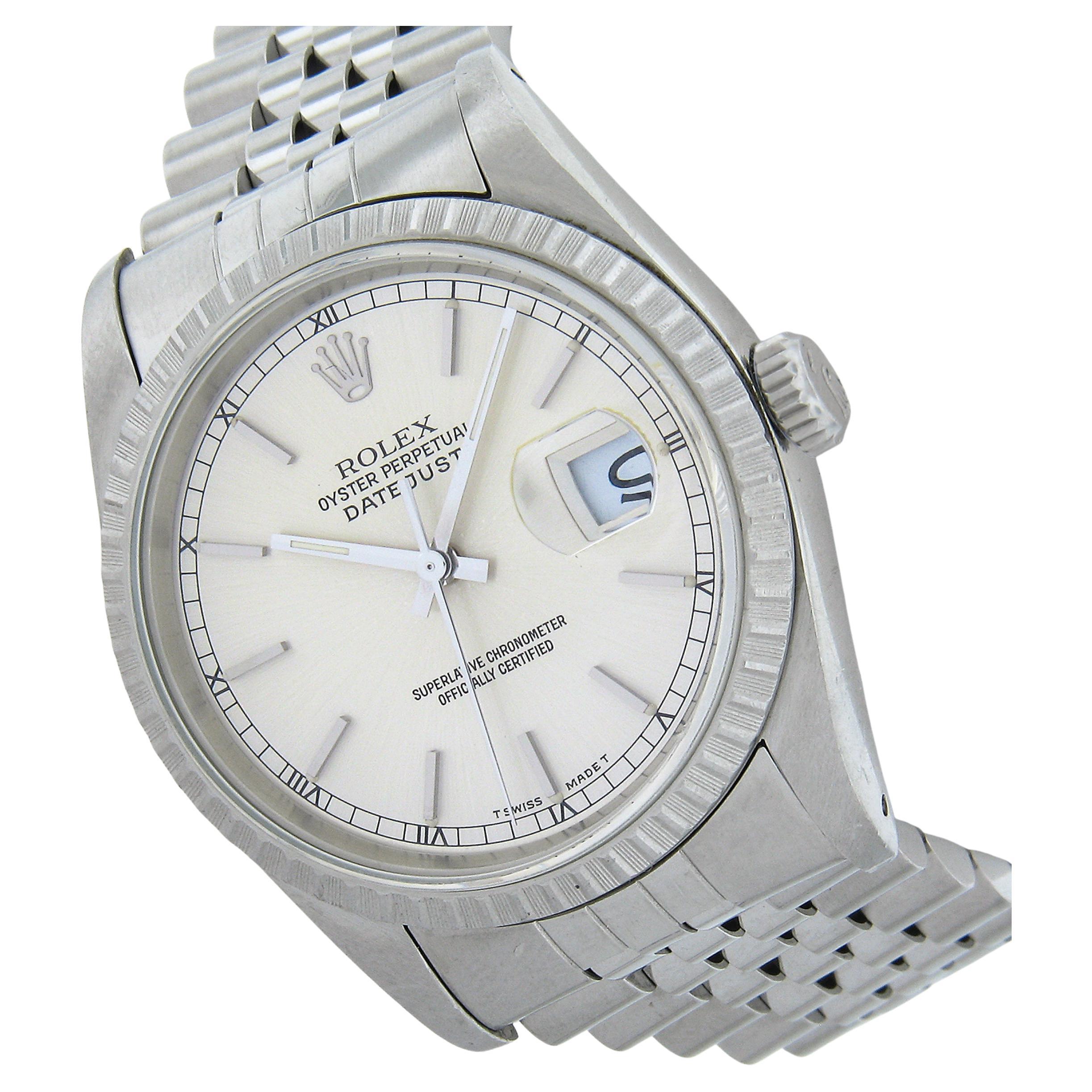 1989 Rolex Datejust Jubilee Engine Turned Bezel Silver Dial 36mm Watch Ref 16220