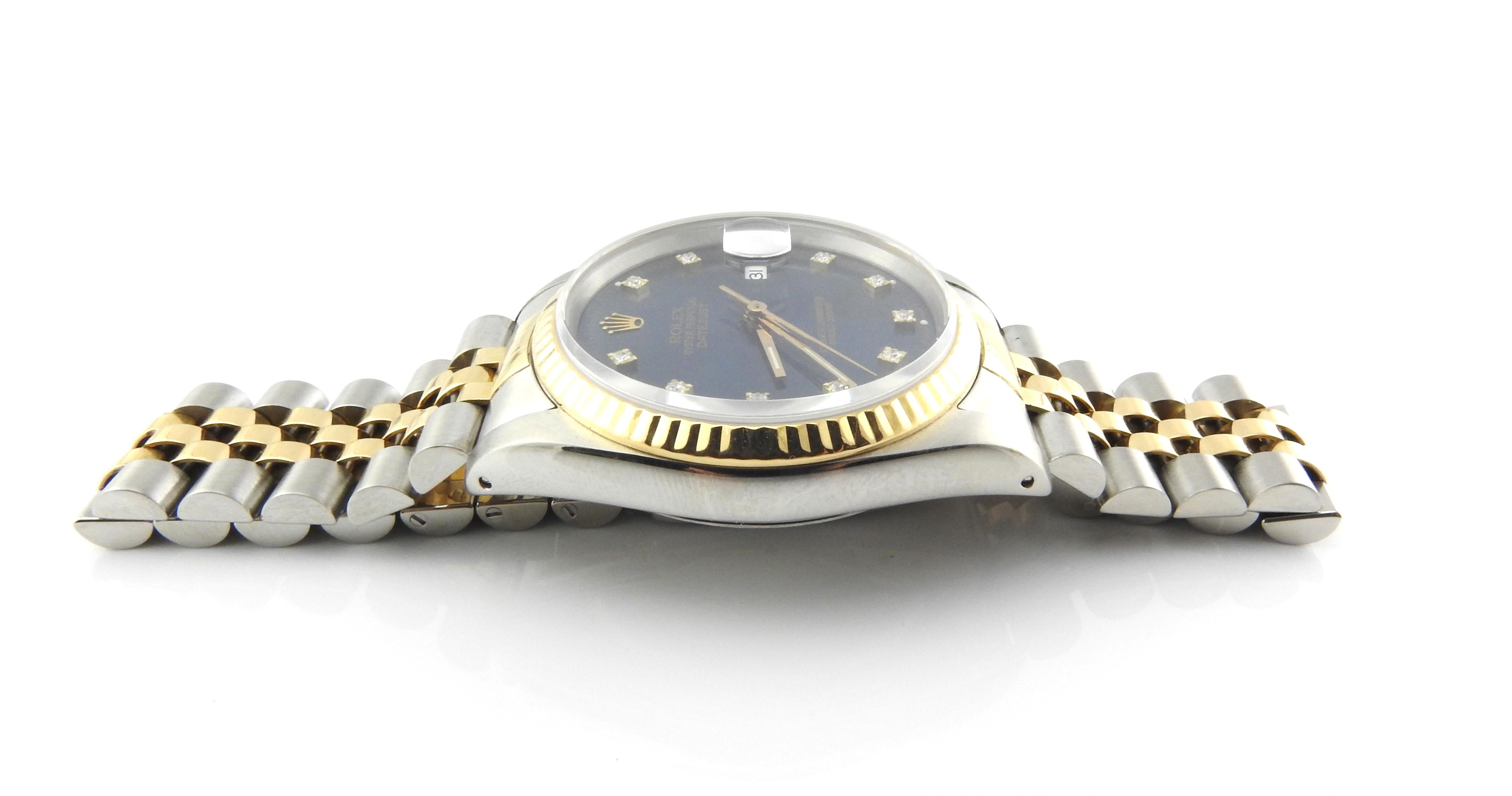 1989 Rolex Men's Two-Tone Date Just Watch Blue Diamond Dial 16233 In Good Condition In Washington Depot, CT