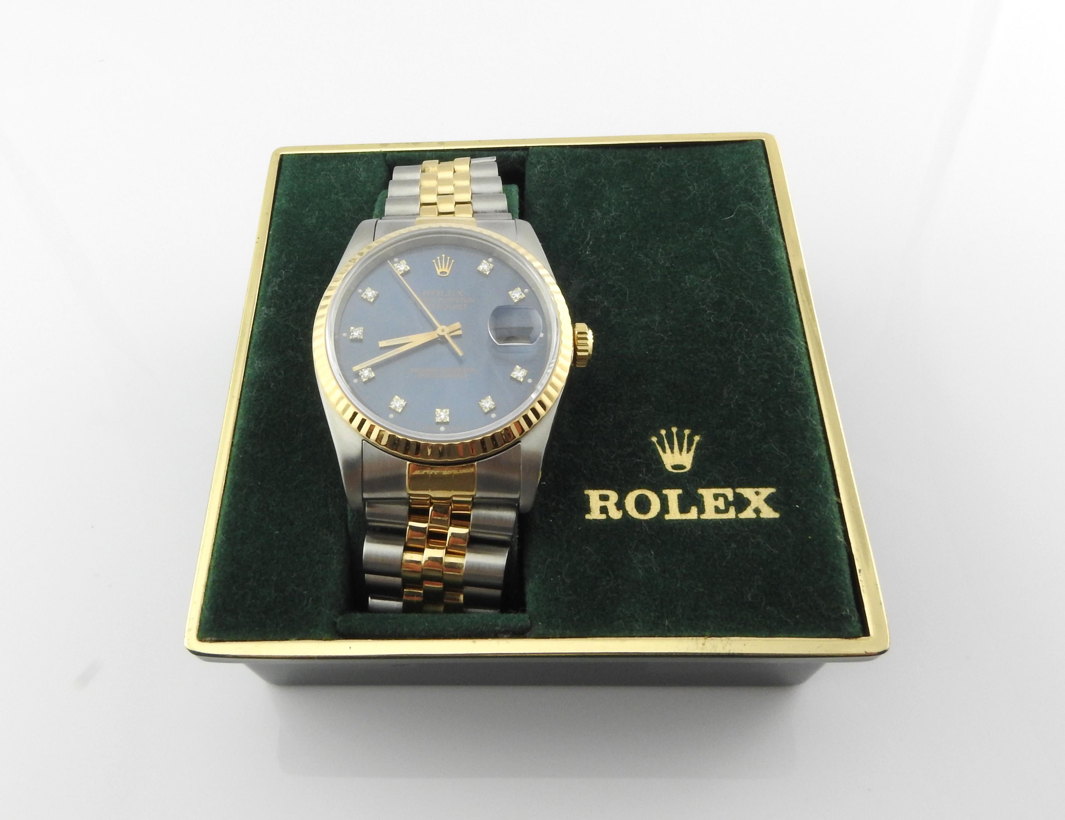 1989 Rolex Men's Two-Tone Date Just Watch Blue Diamond Dial 16233 3