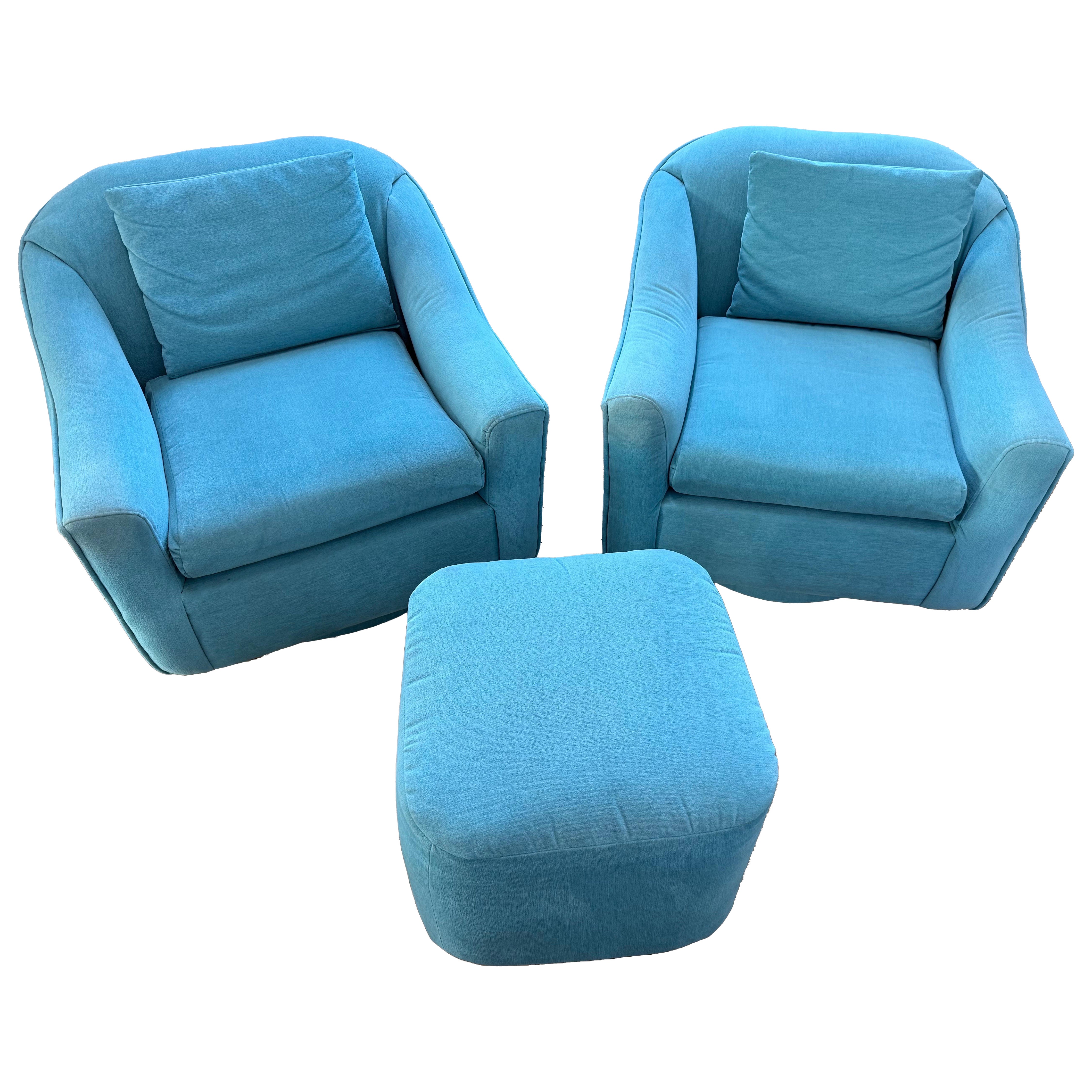 1989 Teal Swivel Chairs and an ottoman For Sale