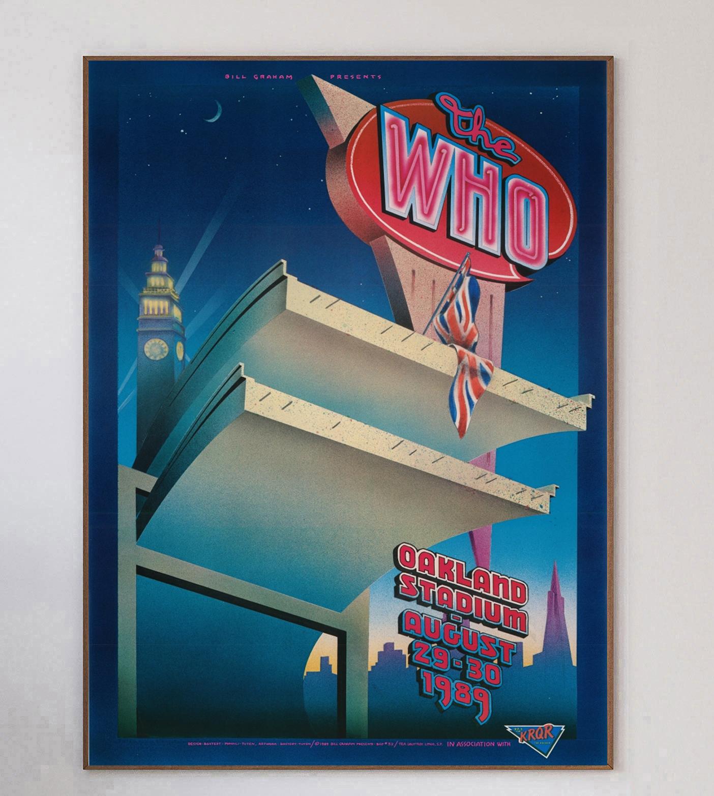 Designed by the great concert poster artist Randy Tuten, along with William Bostedt and Jerry Pompili, this beautiful poster was created in 1989 to promote a live concert of The The Who at the Oakland Stadium in California. Bill Graham events such