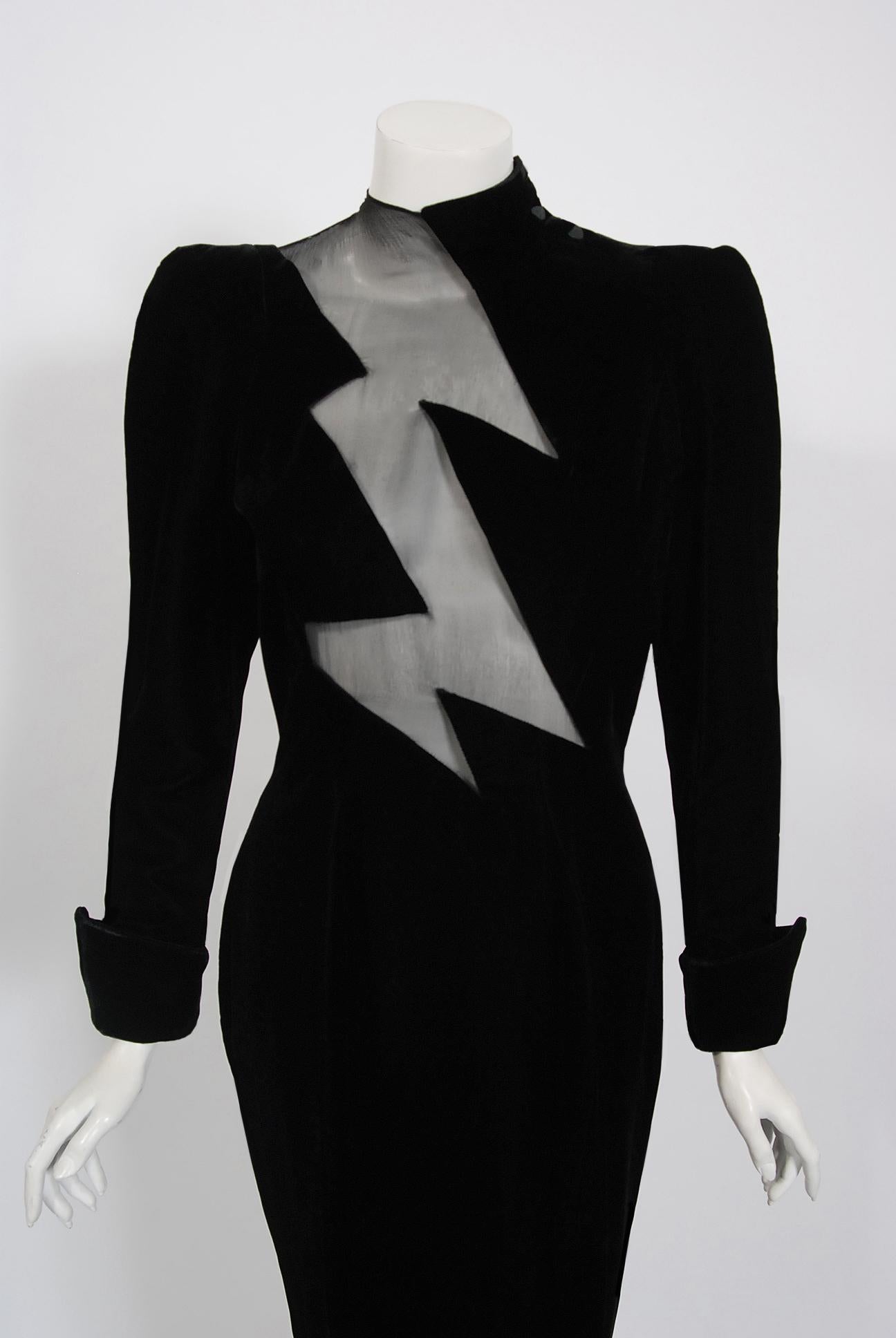 Iconic Fall Winter 1988-89 Thierry Mugler documented runway dress in the most flattering hourglass shape. This legendary French fashion designer is known for bold fashion and edgy, sometimes even campy, theatricality. Though Mugler stopped designing