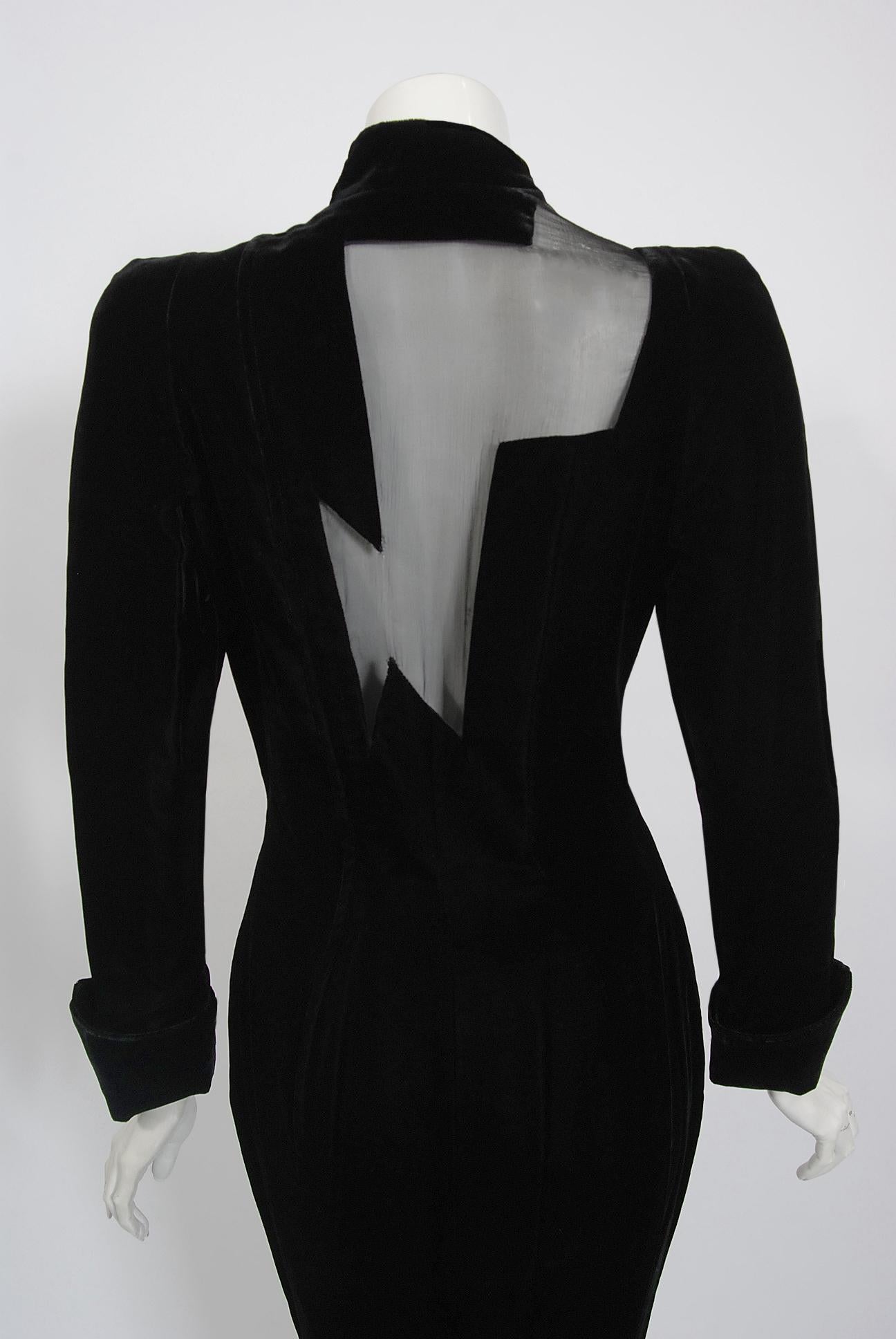 Women's 1989 Thierry Mugler Runway Black Velvet Lightning Bolt Sheer Illusion Dress 