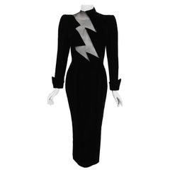 1989 Thierry Mugler Runway Black Velvet Lightning Bolt Sheer Illusion Dress 
