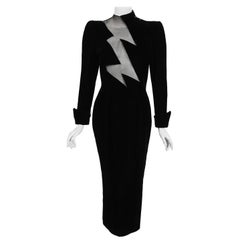 1989 Thierry Mugler Runway Black Velvet Lightning Bolt Sheer Illusion Dress (robe éclair en velours noir)