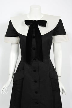 Vintage 1989 Valentino Couture Black & White Collar Cuff Silk Babydoll Dress