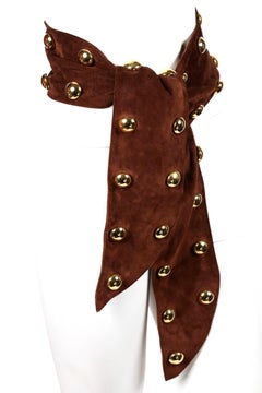 1989 YVES SAINT LAURENT brown suede belt with oversized gold studs
