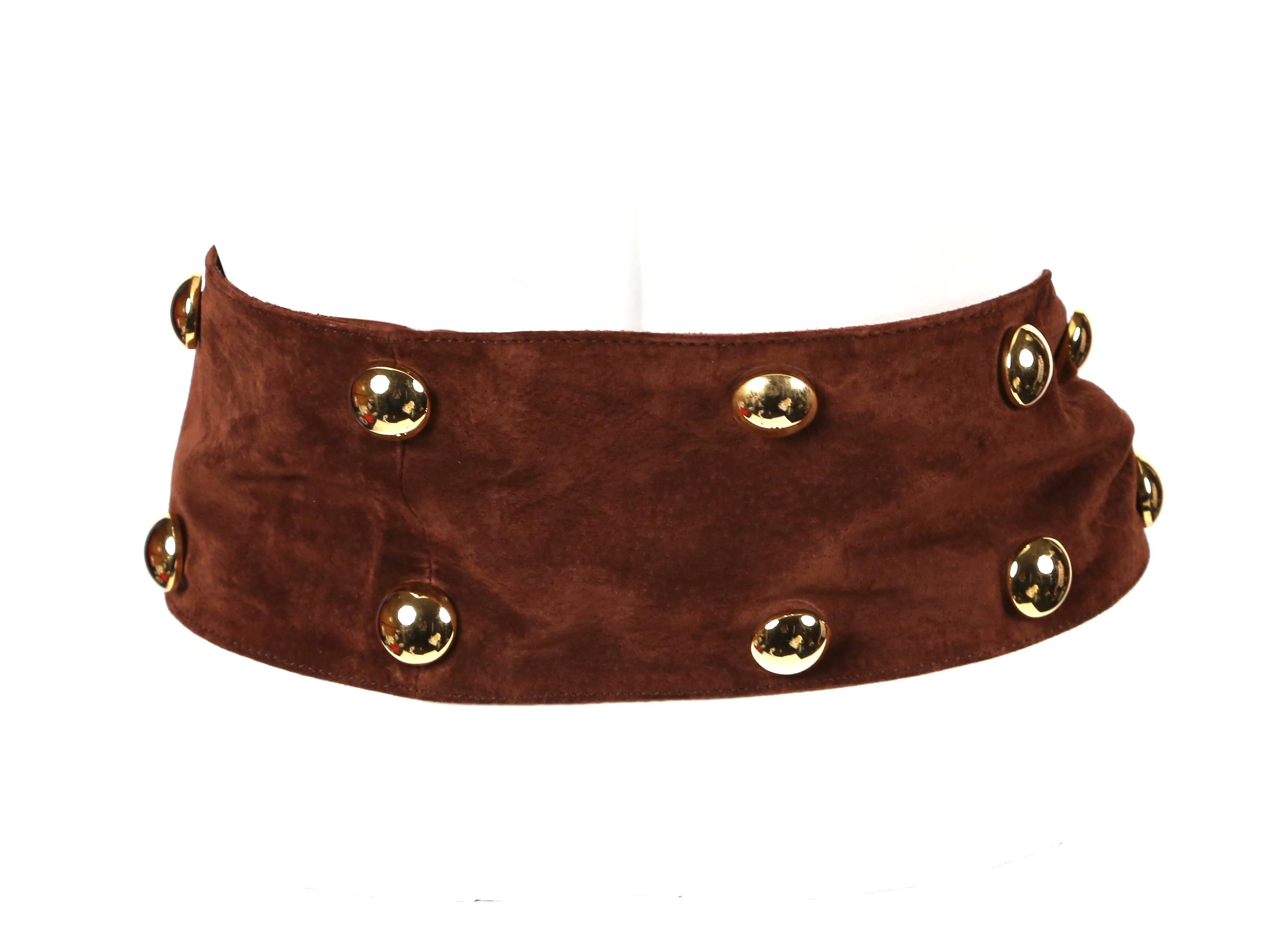 Women's or Men's 1989 YVES SAINT LAURENT brown suede belt with oversized gold studs For Sale