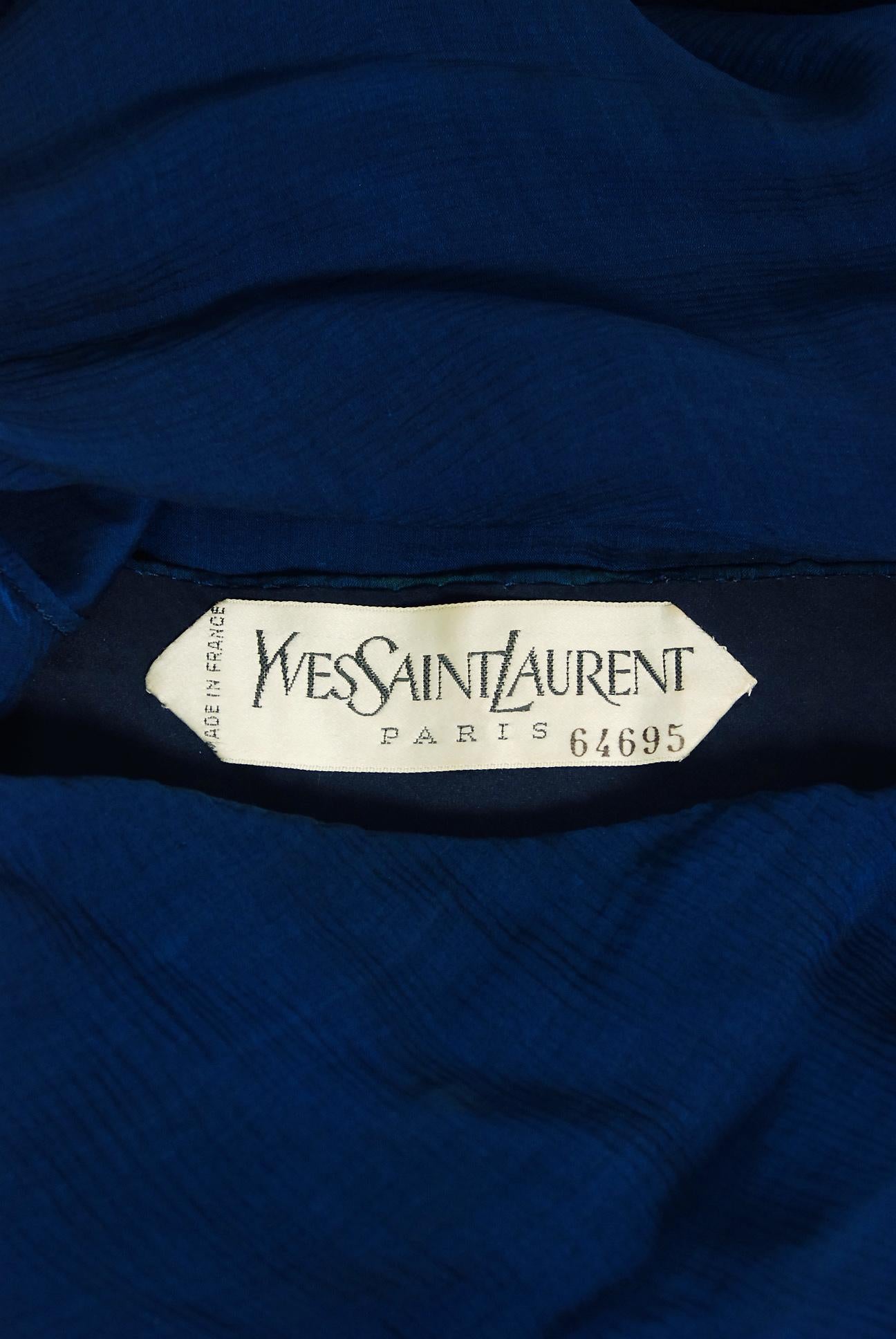 Vintage 1989 Yves Saint Laurent Haute Couture Cobalt Blue Silk Off-Shoulder Gown 3