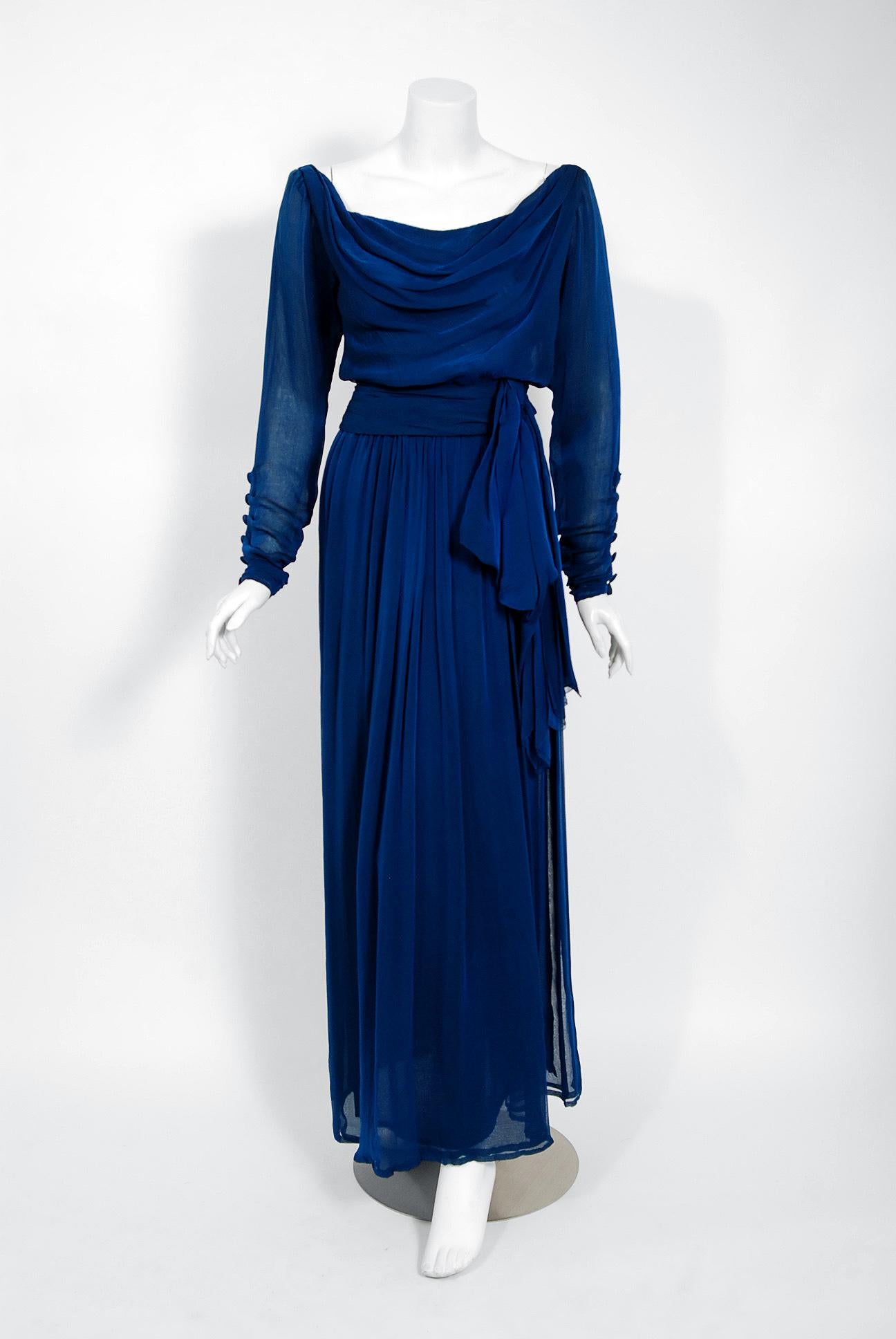 Vintage 1989 Yves Saint Laurent Haute Couture Cobalt Blue Silk Off-Shoulder Gown In Good Condition In Beverly Hills, CA