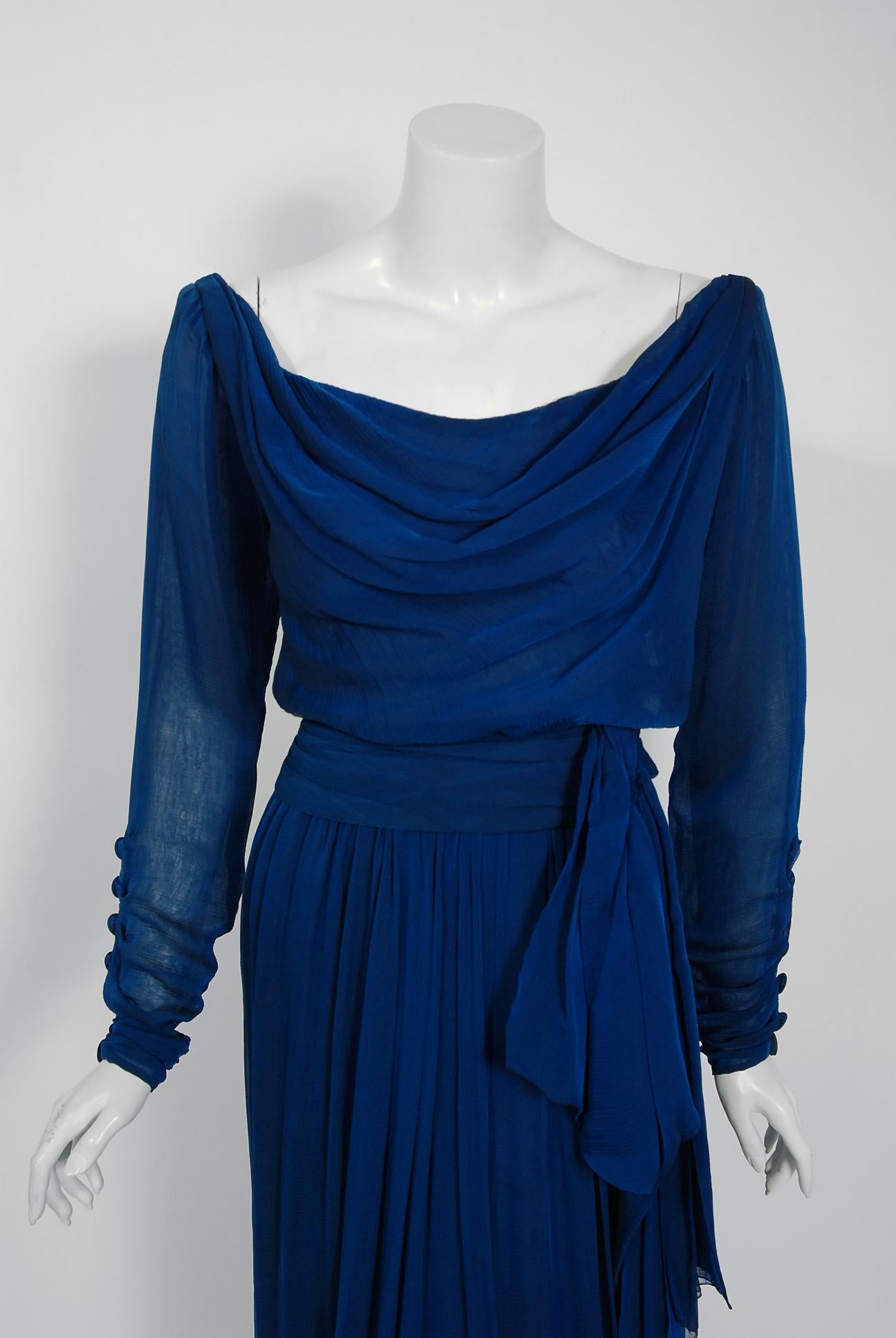 Women's Vintage 1989 Yves Saint Laurent Haute Couture Cobalt Blue Silk Off-Shoulder Gown