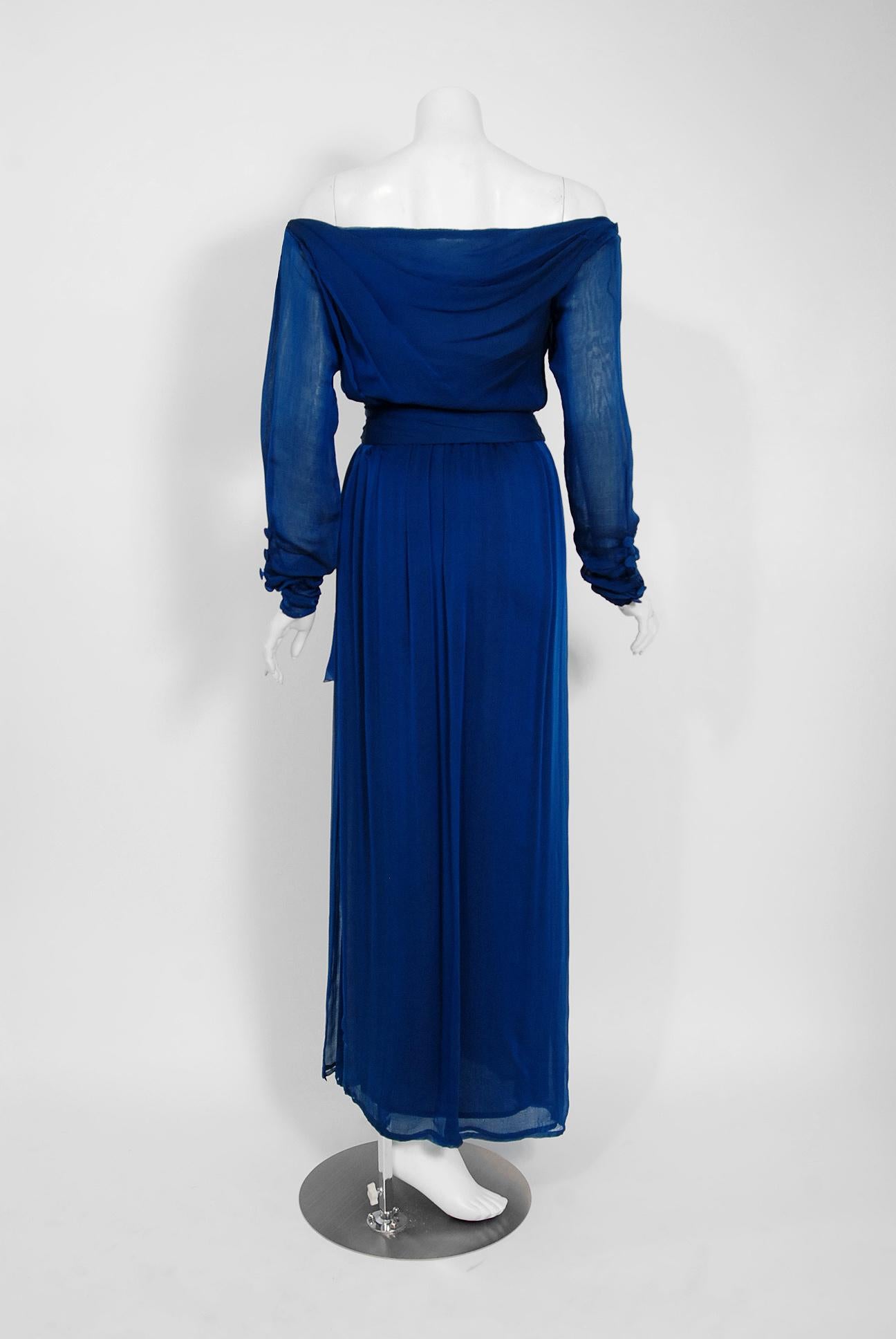 Vintage 1989 Yves Saint Laurent Haute Couture Cobalt Blue Silk Off-Shoulder Gown 1