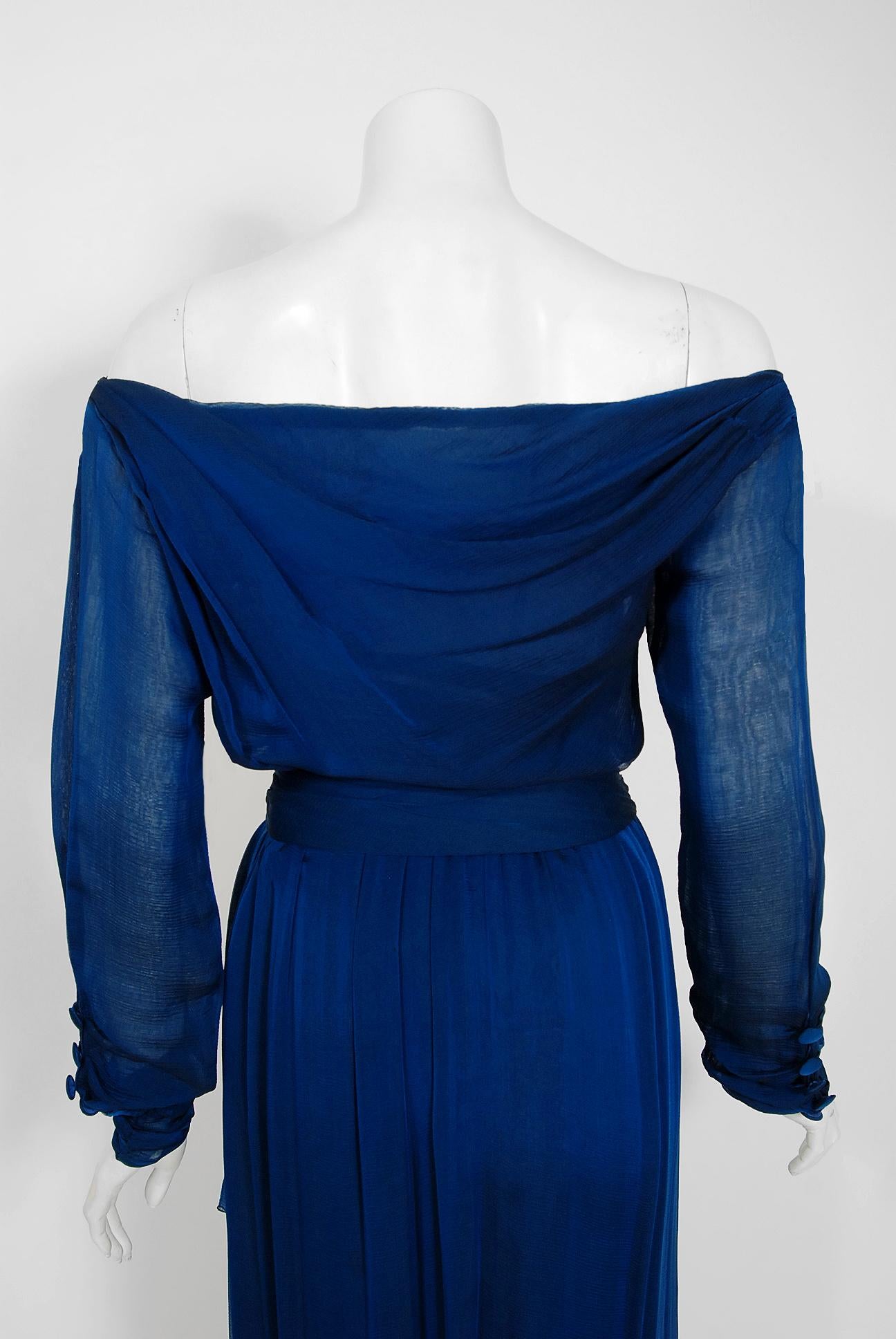 Vintage 1989 Yves Saint Laurent Haute Couture Cobalt Blue Silk Off-Shoulder Gown 2