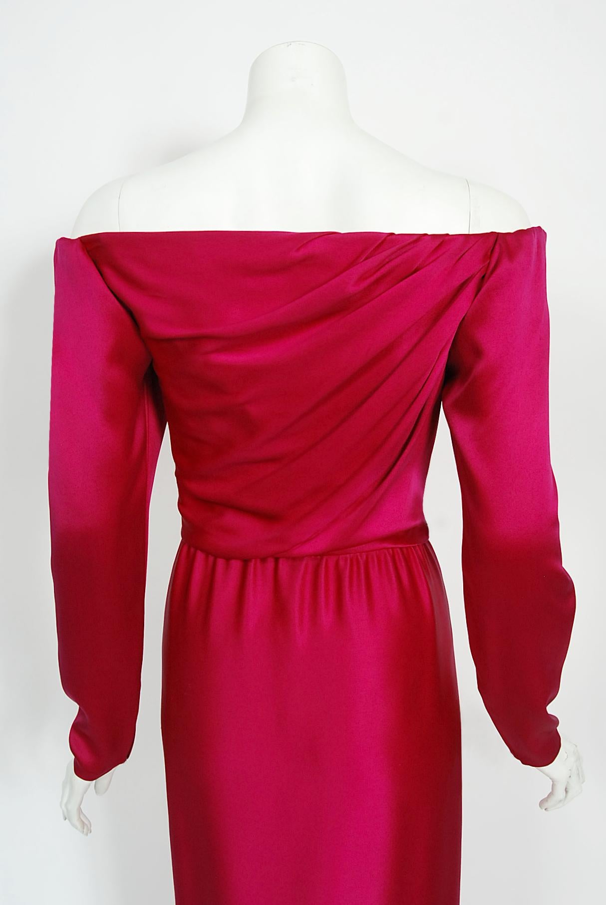 Vintage 1989 Yves Saint Laurent Haute Couture Pink Silk Off-Shoulder Draped Gown For Sale 5