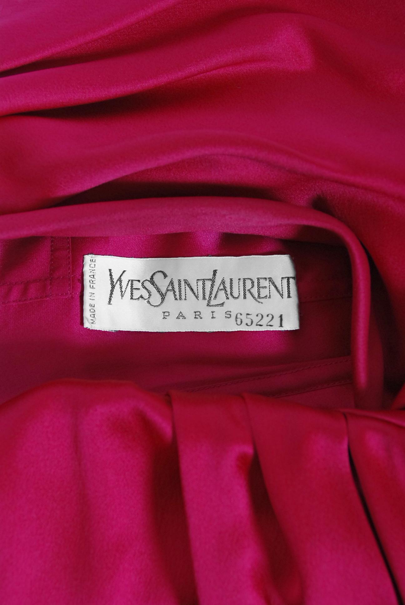 Vintage 1989 Yves Saint Laurent Haute Couture Pink Silk Off-Shoulder Draped Gown For Sale 7