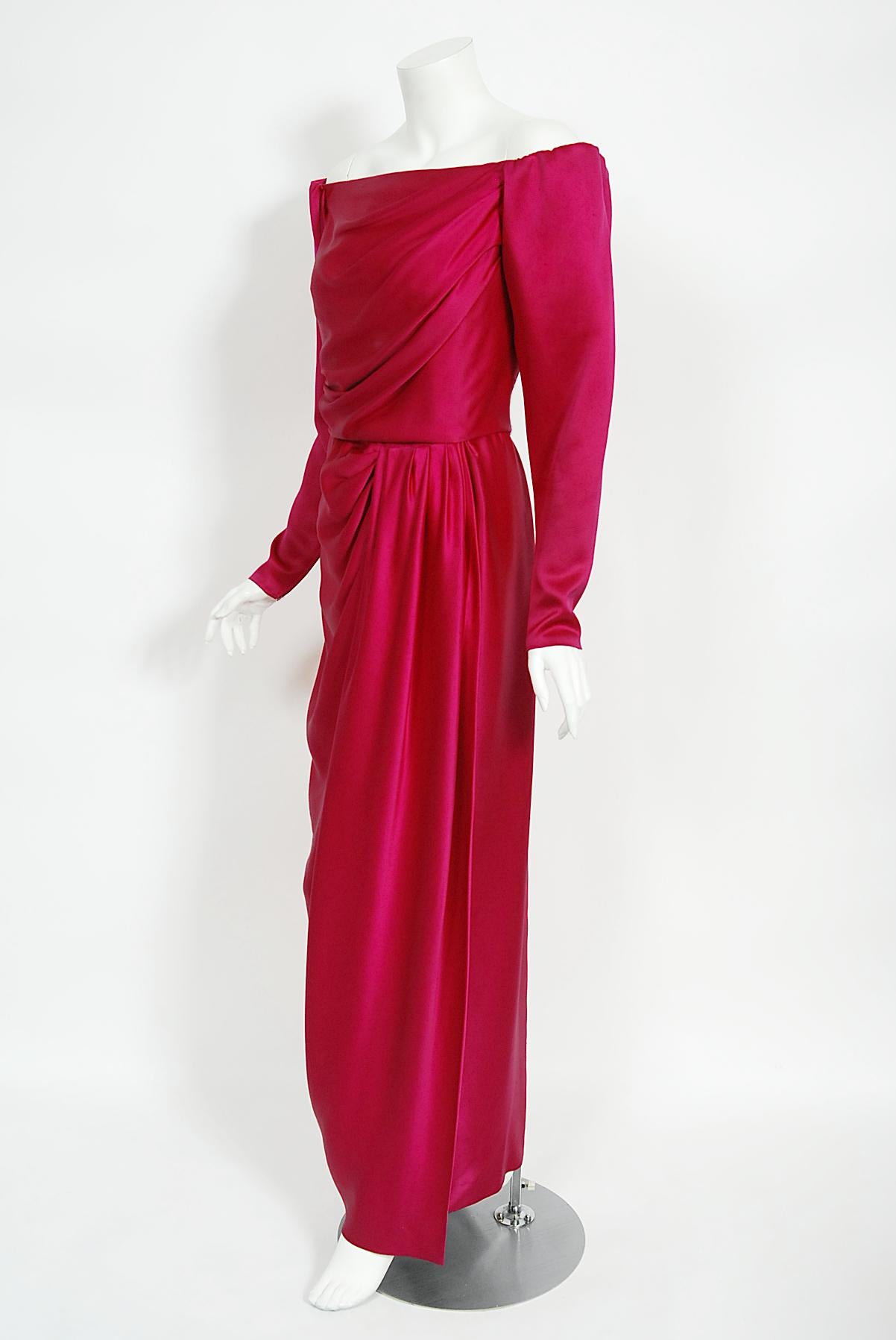 Vintage 1989 Yves Saint Laurent Haute Couture Pink Silk Off-Shoulder Draped Gown In Good Condition For Sale In Beverly Hills, CA