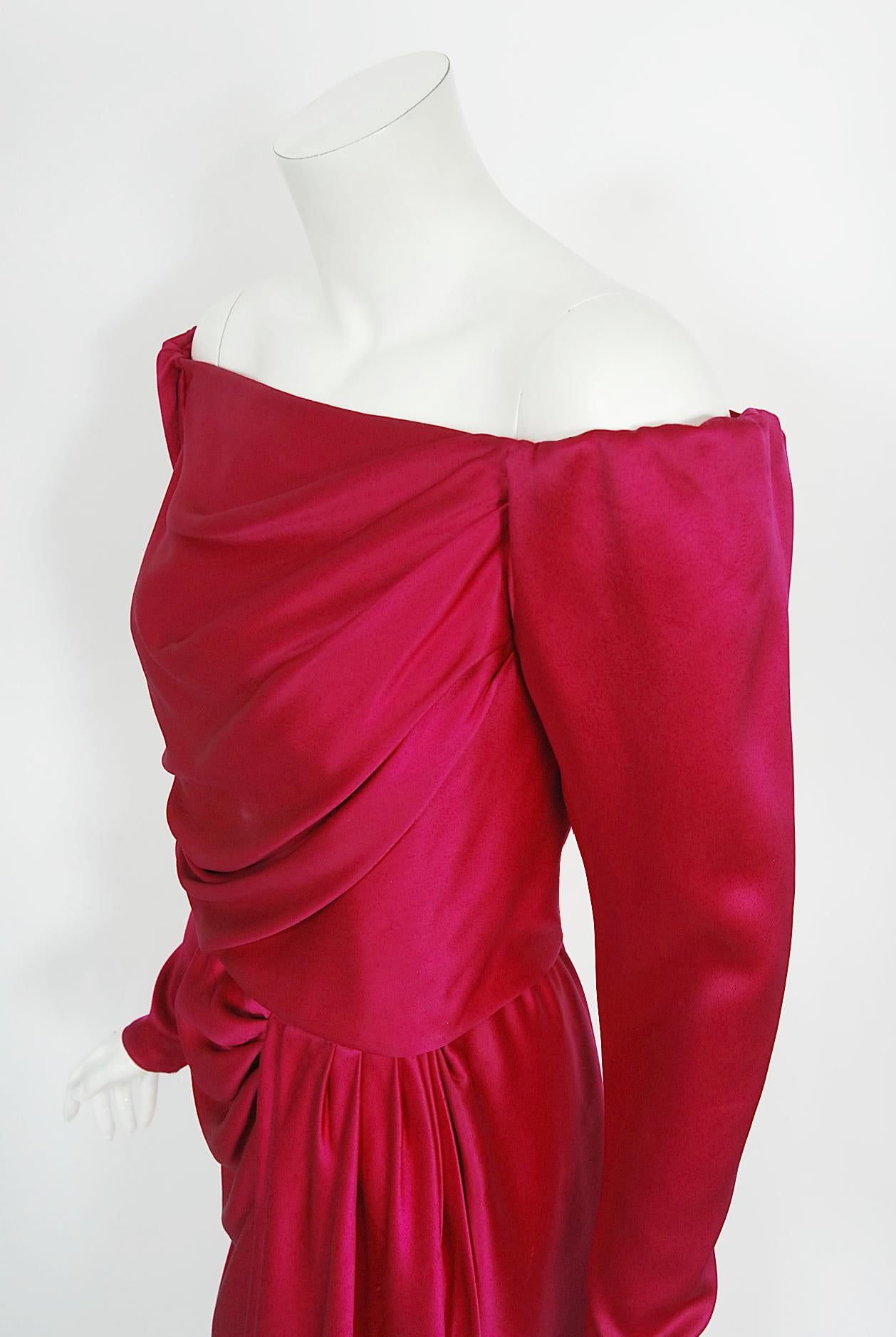 Women's Vintage 1989 Yves Saint Laurent Haute Couture Pink Silk Off-Shoulder Draped Gown For Sale