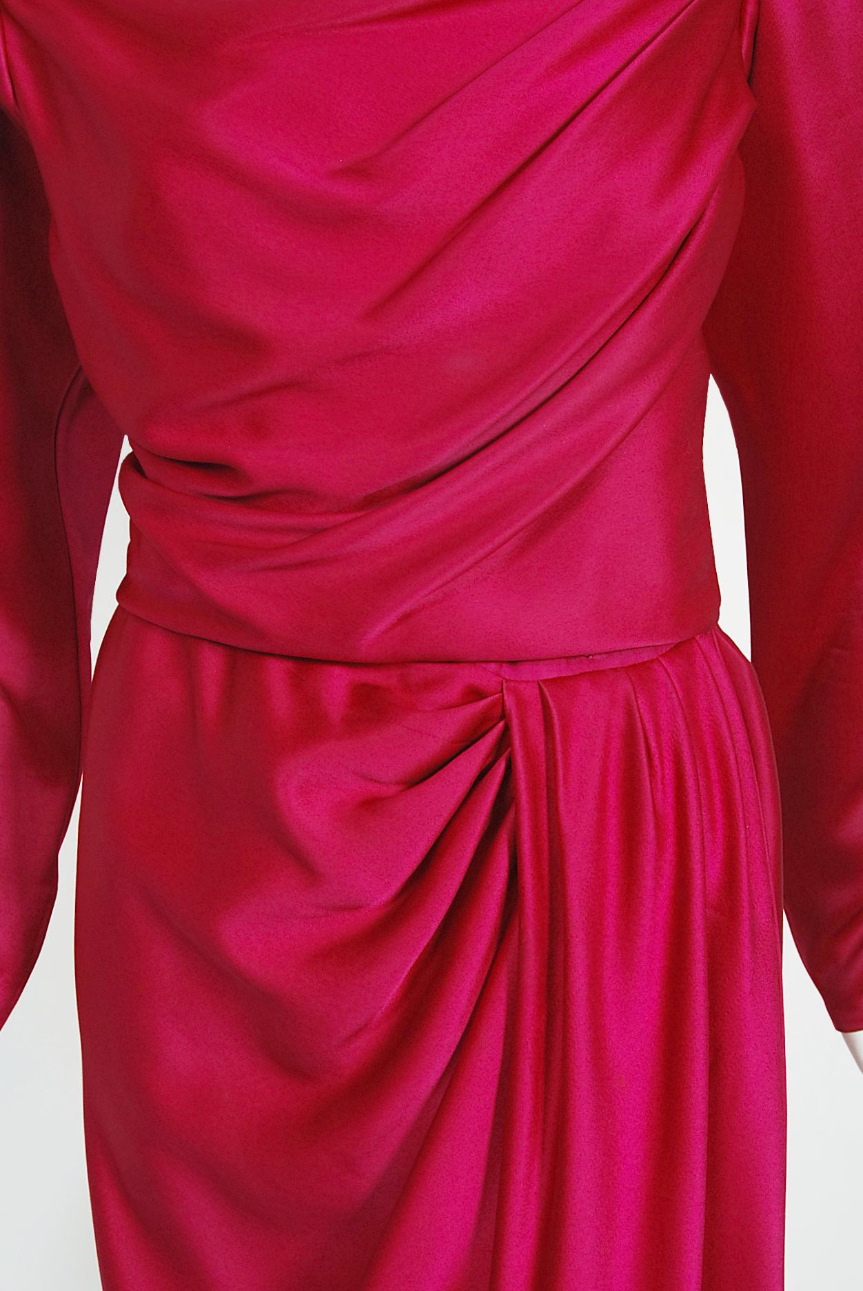 Vintage 1989 Yves Saint Laurent Haute Couture Pink Silk Off-Shoulder Draped Gown For Sale 1