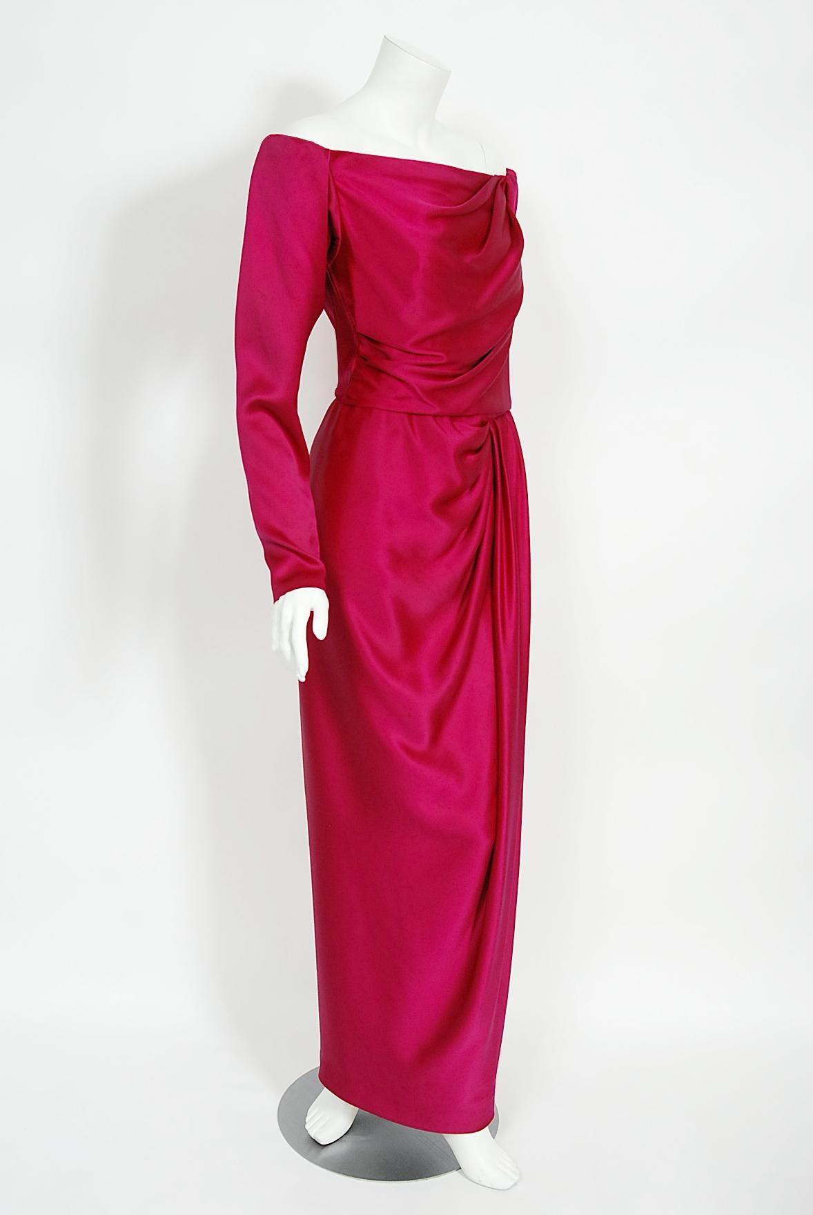 Vintage 1989 Yves Saint Laurent Haute Couture Pink Silk Off-Shoulder Draped Gown For Sale 2
