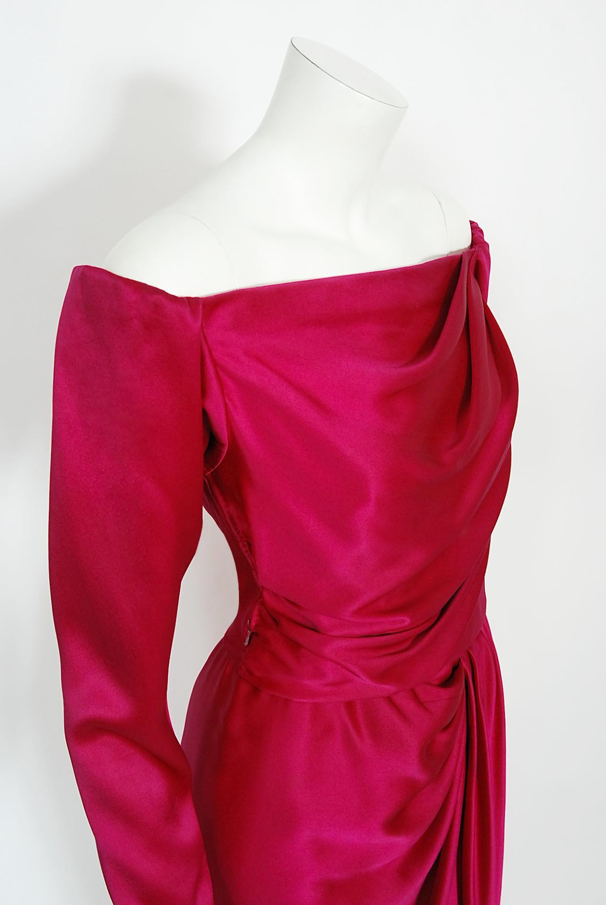 Vintage 1989 Yves Saint Laurent Haute Couture Pink Silk Off-Shoulder Draped Gown For Sale 3