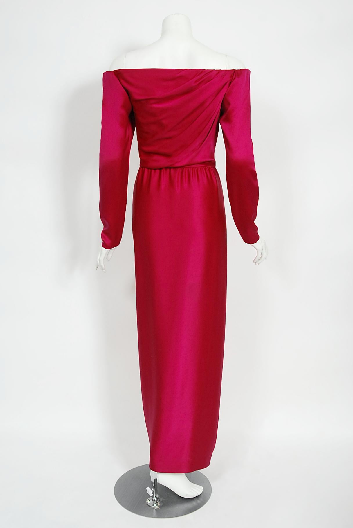 Vintage 1989 Yves Saint Laurent Haute Couture Pink Silk Off-Shoulder Draped Gown For Sale 4