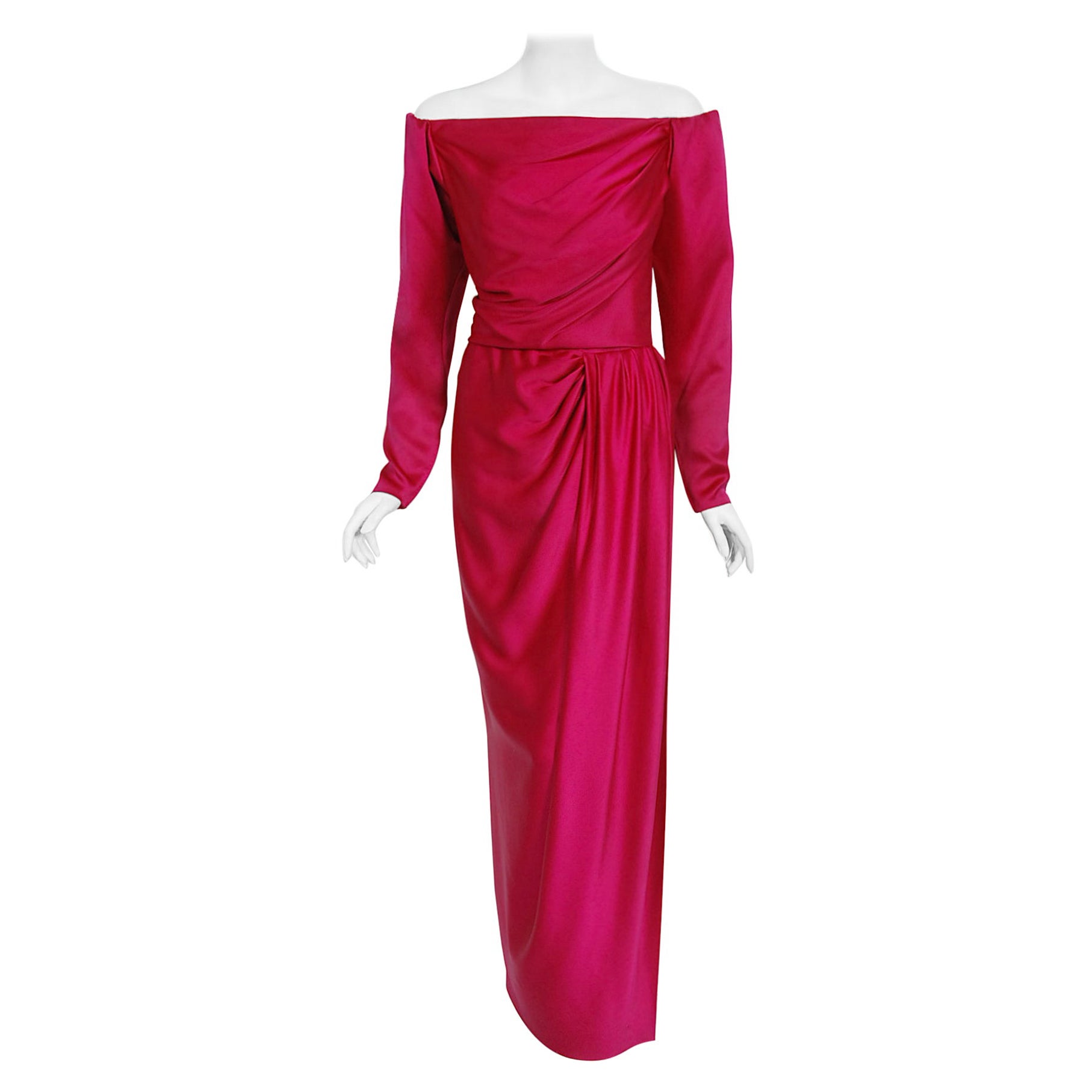 1989 Yves Saint Laurent Haute Couture Magenta Pink Silk Off-Shoulder Draped Gown For Sale