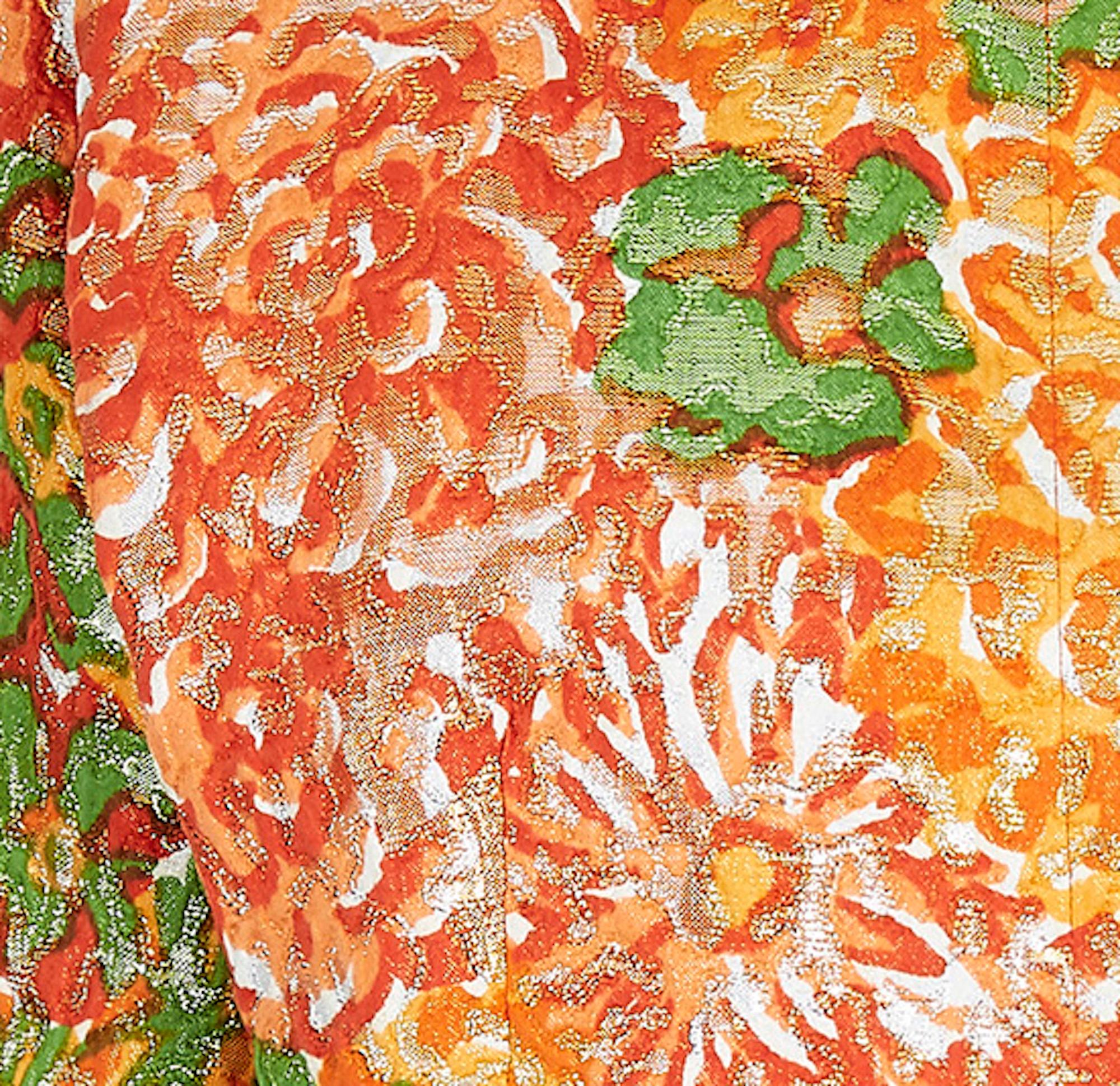 1989 Yves Saint Laurent Tangerine Floral Chrysanthemum Brocade Jacket In Excellent Condition In London, GB